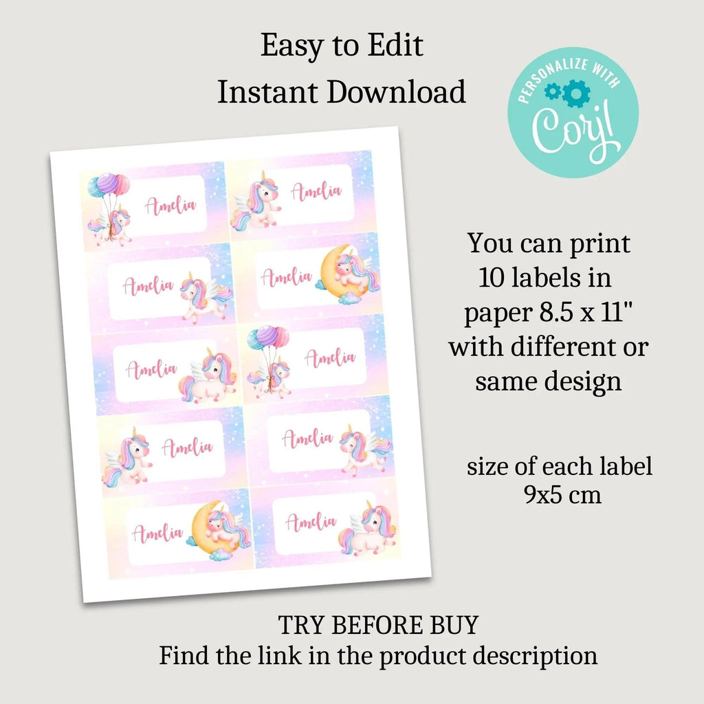 Unicorn Stickers, Kids name labels, School name labels, Classroom Labels, School supply labels, Custom text sticker - Lovely Printable Party