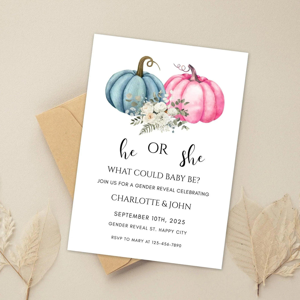 He or She Pumpkin Gender Reveal Invitation – Fall Baby Shower – Editable Template – Corjl Digital Download - Lovely Printable Party