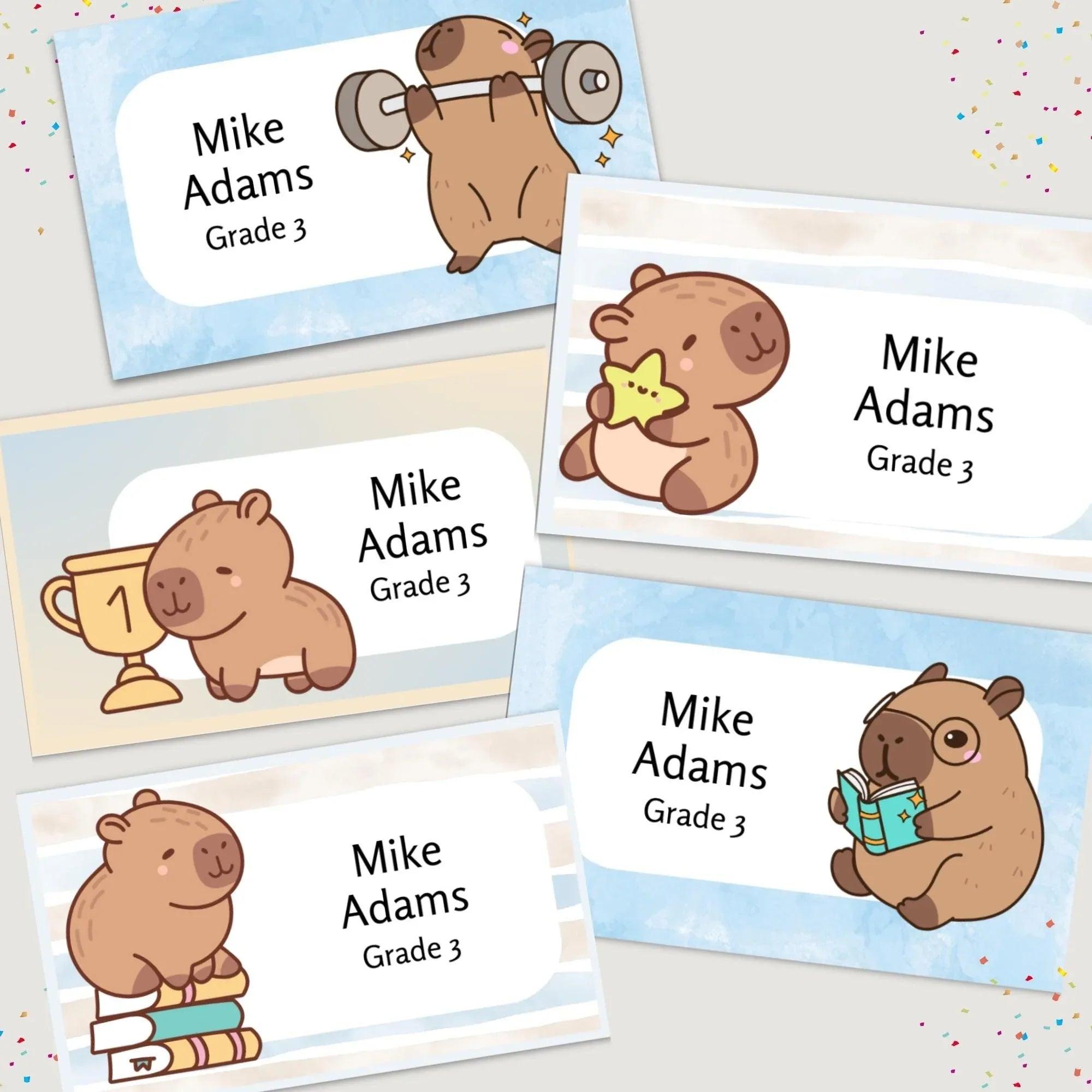 Kawaii Capybara School Name Labels – Cute Kawaii Capybara Sticker Set – Pastel Donut & Laptop Designs – Printable Name Tags for Kids - Lovely Printable Party