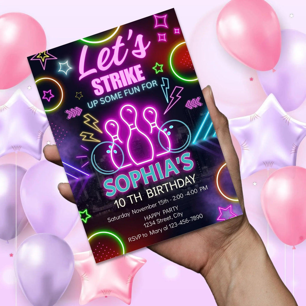 Personalized Neon Bowling Party Invitation and Tag Template, Digital Download for Kids' Birthday or Bowling-Themed Event - Lovely Printable Party