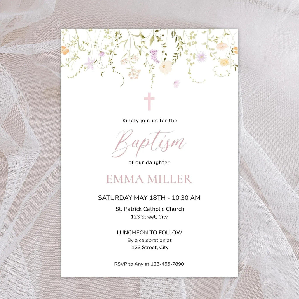 Girl Baptism Invitation with Photo – Corjl Template – Printable Floral Christening Invite – Digital Download - Lovely Printable Party