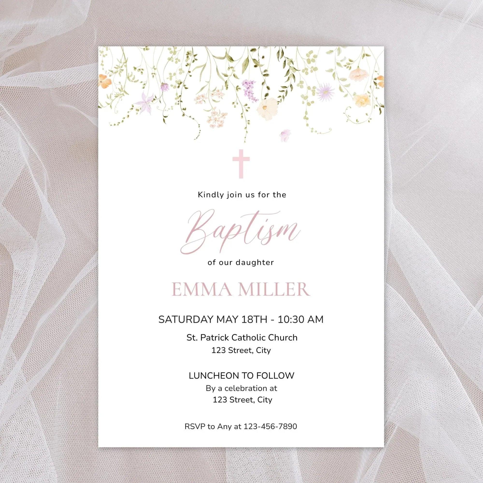 Girl Baptism Invitation with Photo – Corjl Template – Printable Floral Christening Invite – Digital Download - Lovely Printable Party