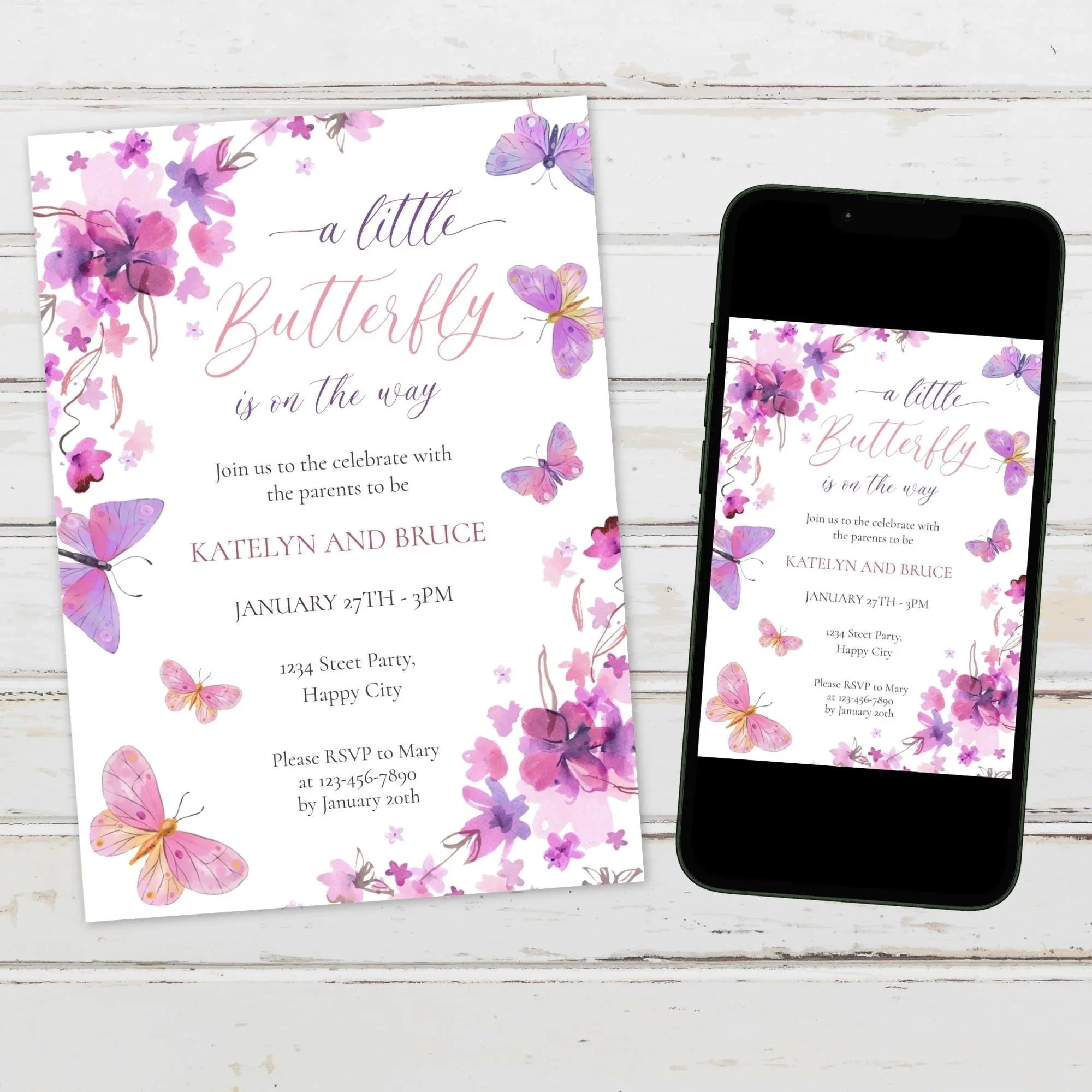 Butterfly Baby Shower Invitation - Pink Purple Corjl Template - Lovely Party