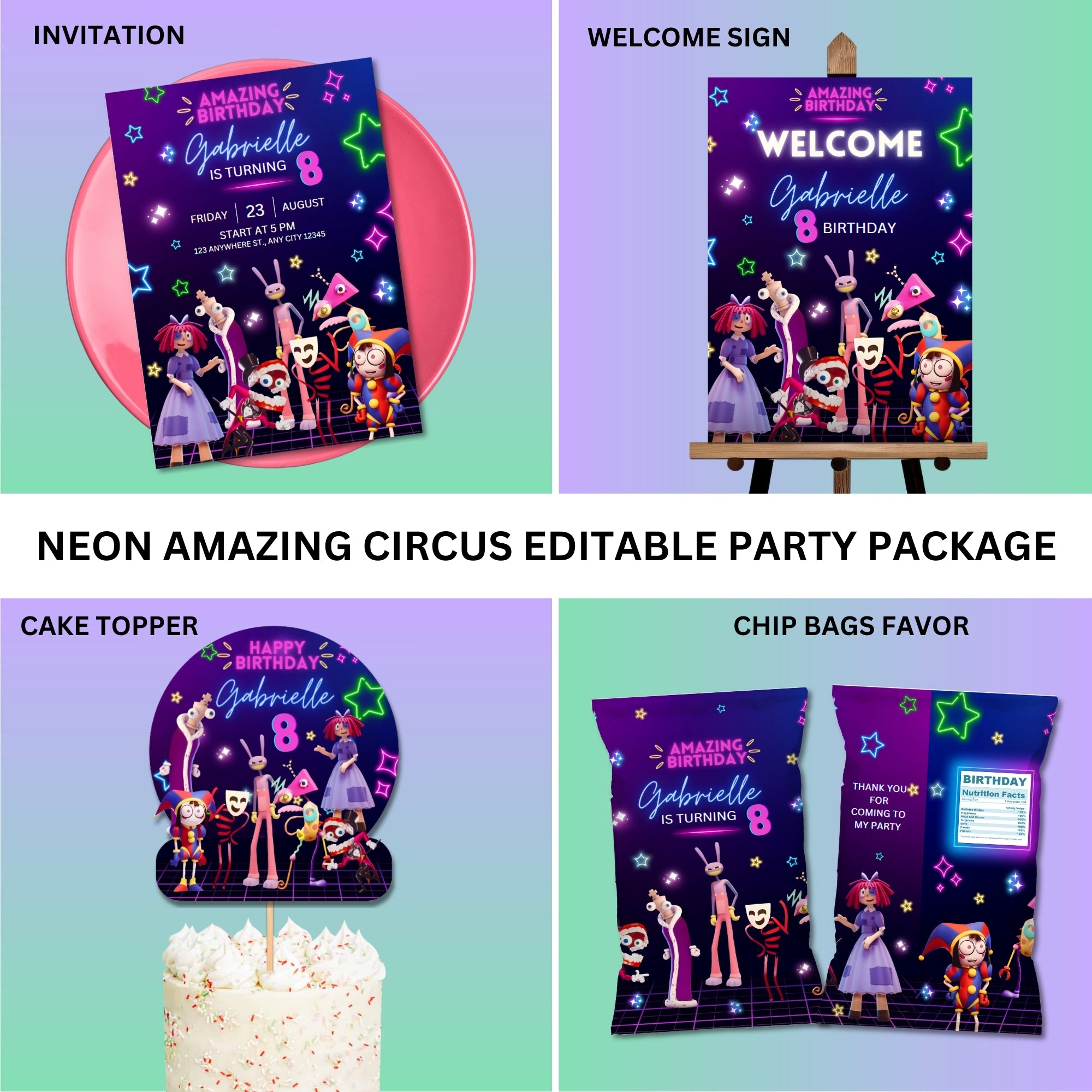 Amazing Digital Circus Birthday Party Pack | Neon | 4 Pieces | Editable Canva Template | Instant Download