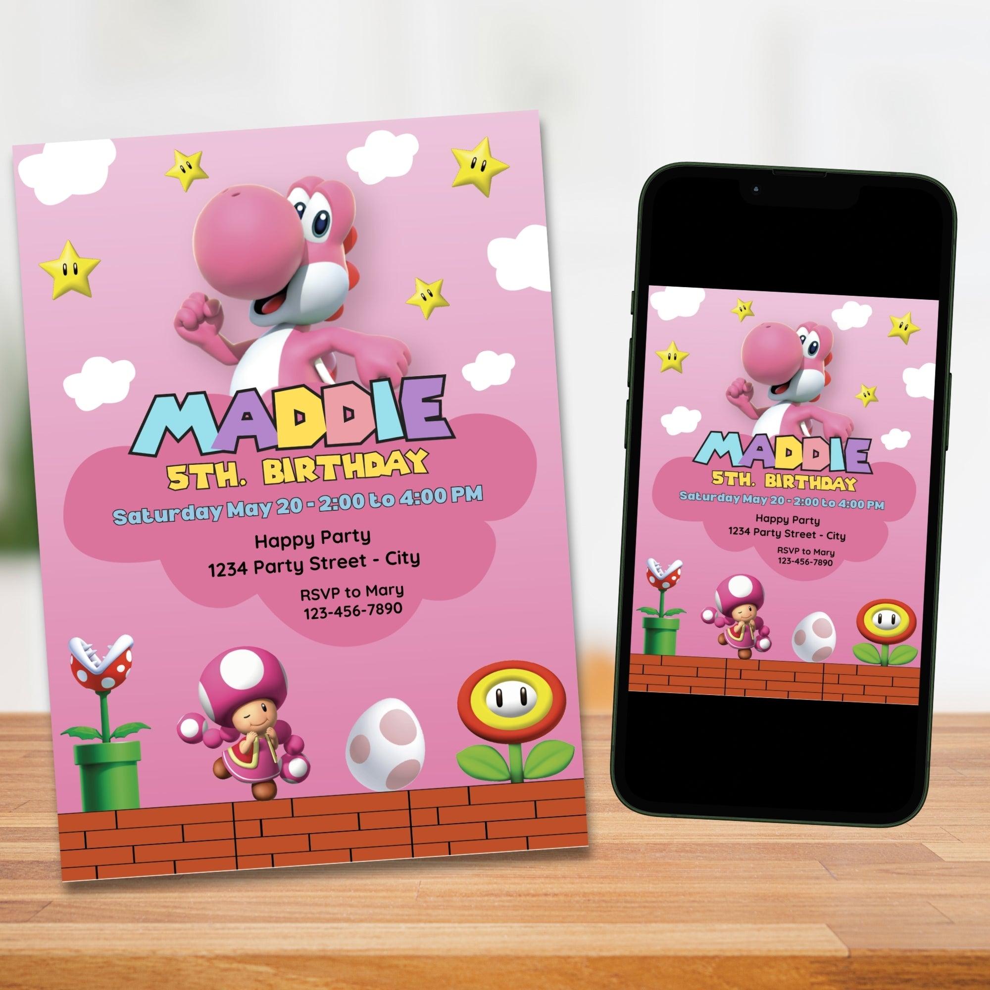 Yoshi Birthday Invitation | Pink Yoshi Girl | Editable Canva Template | Instant Download