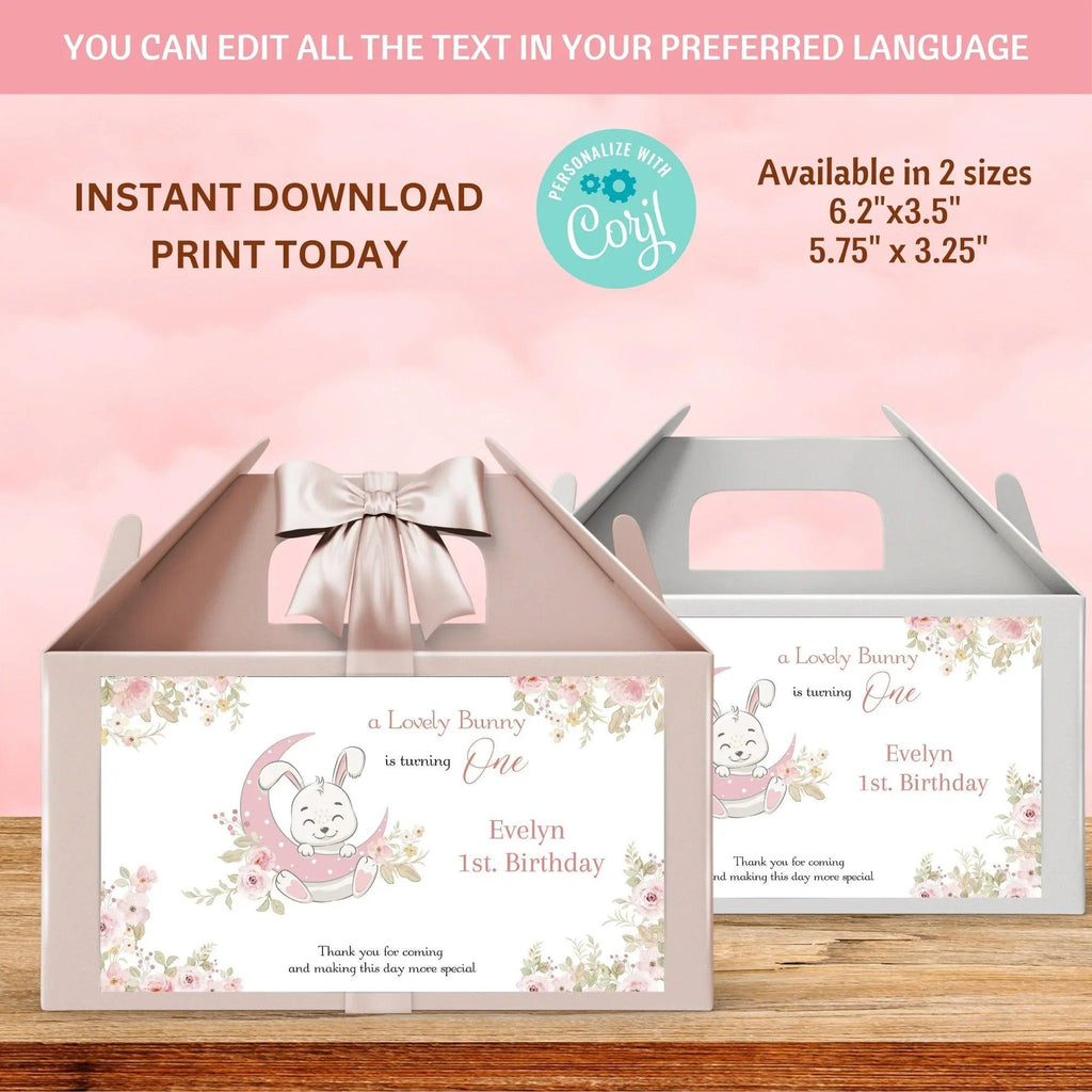 Bunny party pack, Water bottle Label, Invitation, Welcome Sign, Printable Bunny 1st Birthday, Digital Editable, rabbit Party favor - Lovely Printable Party