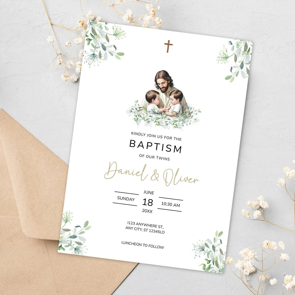 Editable Baptism Invitation • Twins Baby Boys • Corjl Template • Christening Invitation with Jesus and Greenery - Lovely Printable Party