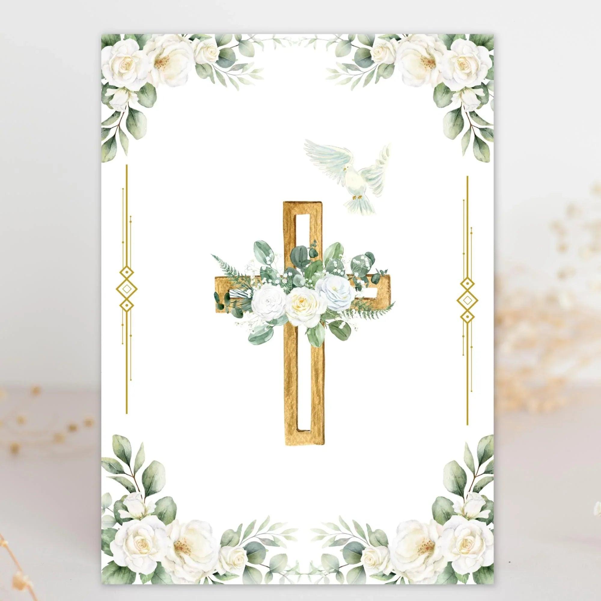 First Communion Invitation Flowers white and green - Lovely Printable Party
