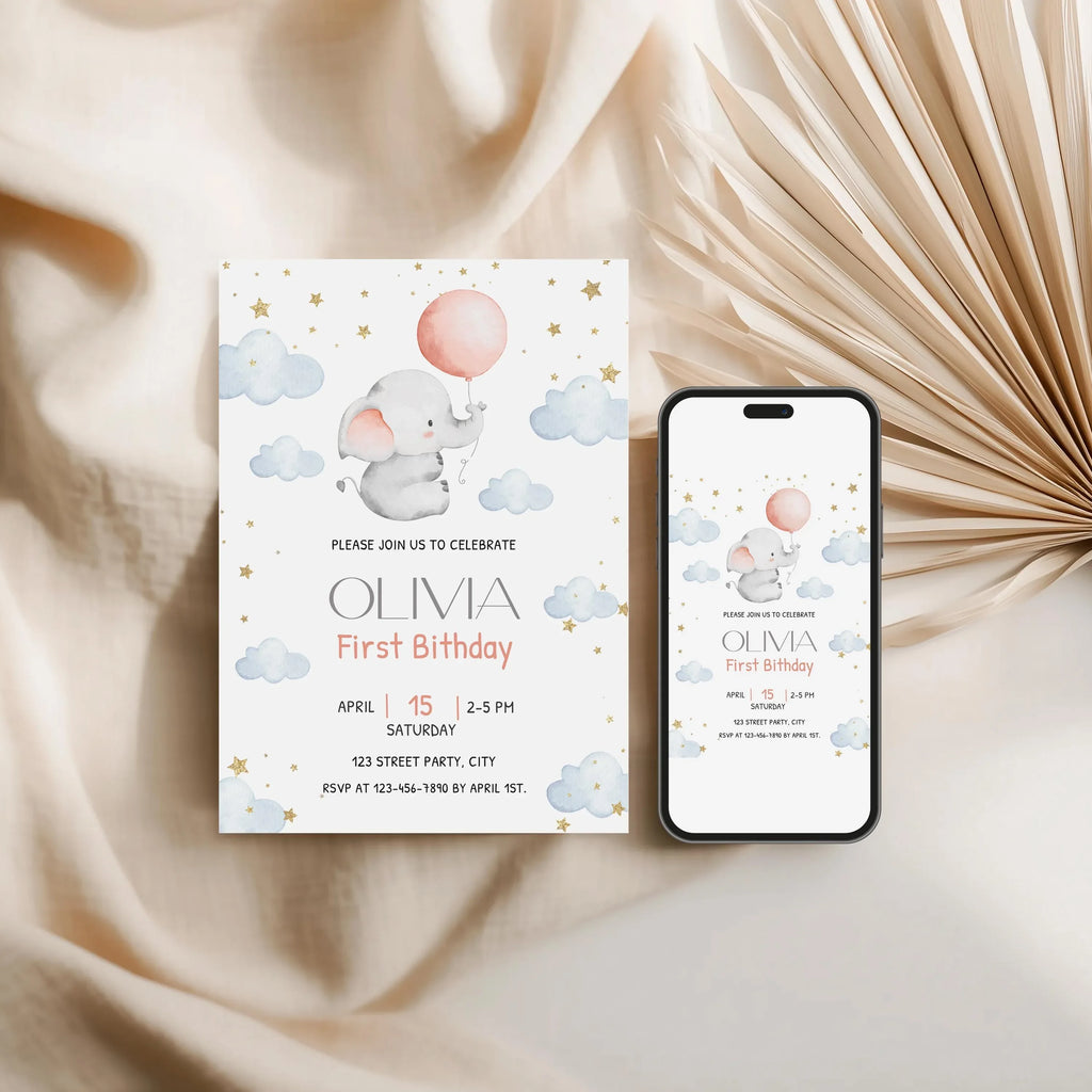 Baby Elephant 1st Birthday Invitation - Editable Corjl Template - Lovely Party