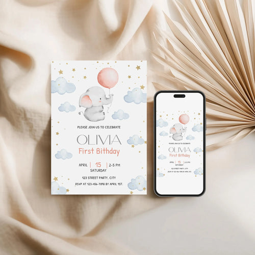 Baby Elephant 1st Birthday Invitation - Editable Corjl Template - Lovely Party