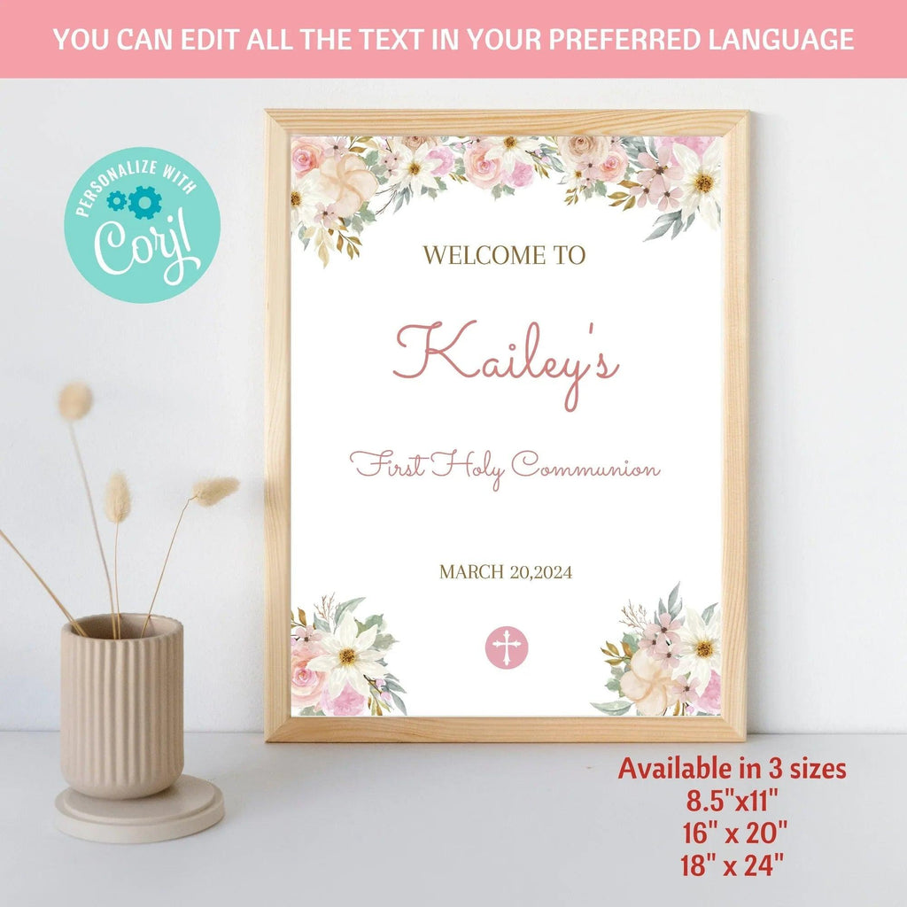 Pink Flowers First Holy Communion Welcome Sign Template, Custom Welcome Sign, Editable First Communion Welcome Sign - Lovely Printable Party