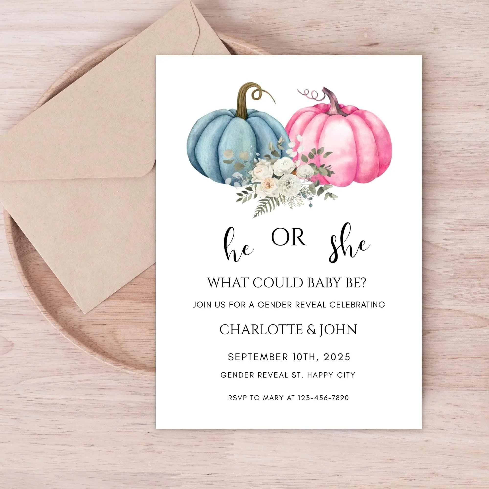 He or She Pumpkin Gender Reveal Invitation – Fall Baby Shower – Editable Template – Corjl Digital Download - Lovely Printable Party