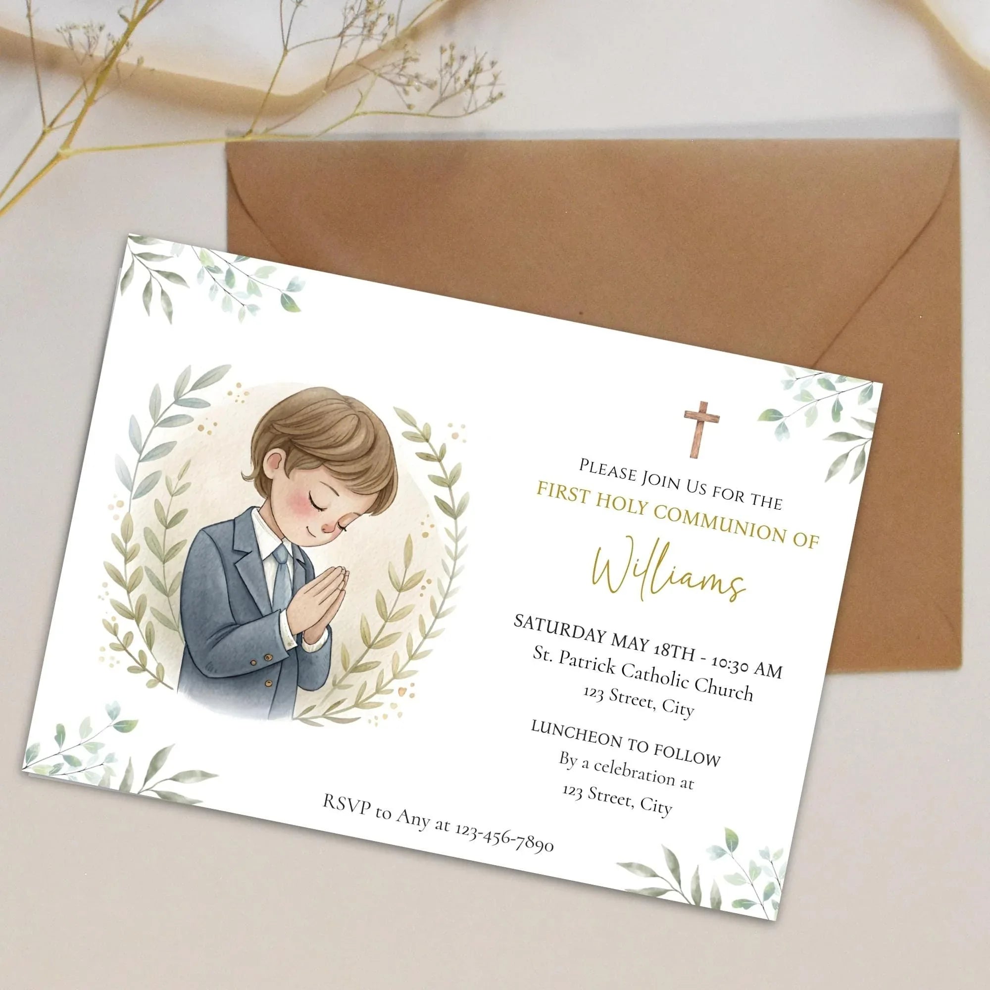 Watercolor First Holy Communion Invitation - Lovely Party