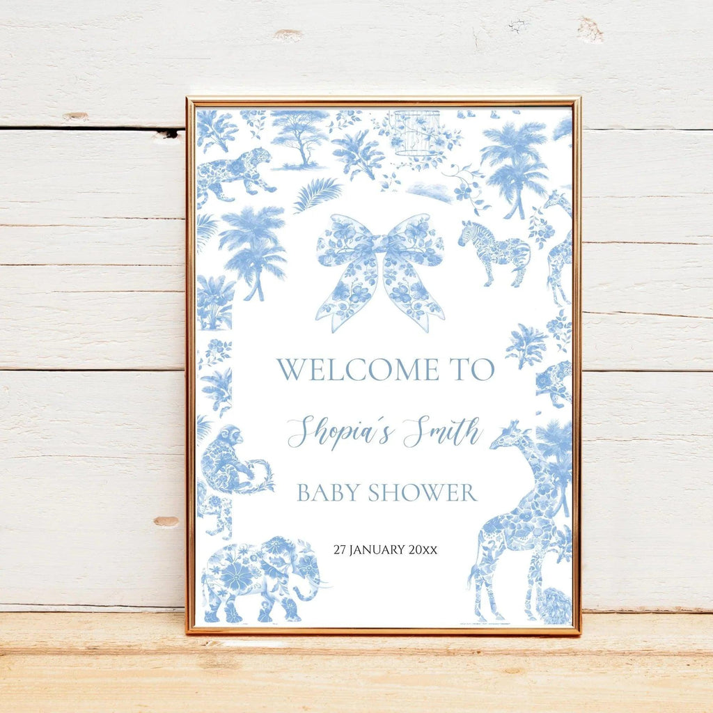 Blue Toile de Jouy Baby Shower Bundle – Invitation, Welcome Sign & Favor Tag – Safari Jungle Animals Party Set – Editable and Printable - Lovely Printable Party
