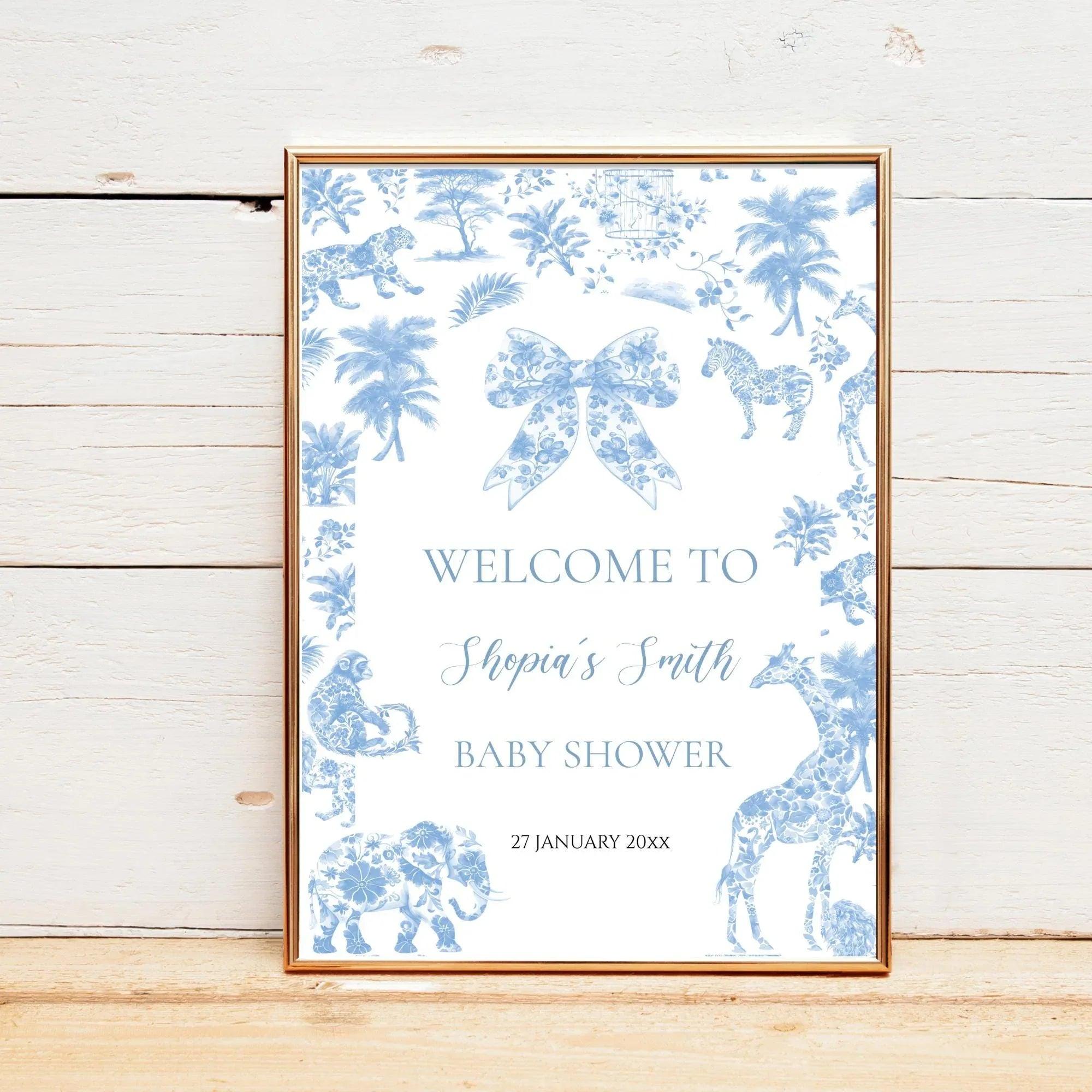 Blue Toile de Jouy Baby Shower Bundle – Invitation, Welcome Sign & Favor Tag – Safari Jungle Animals Party Set – Editable and Printable - Lovely Printable Party