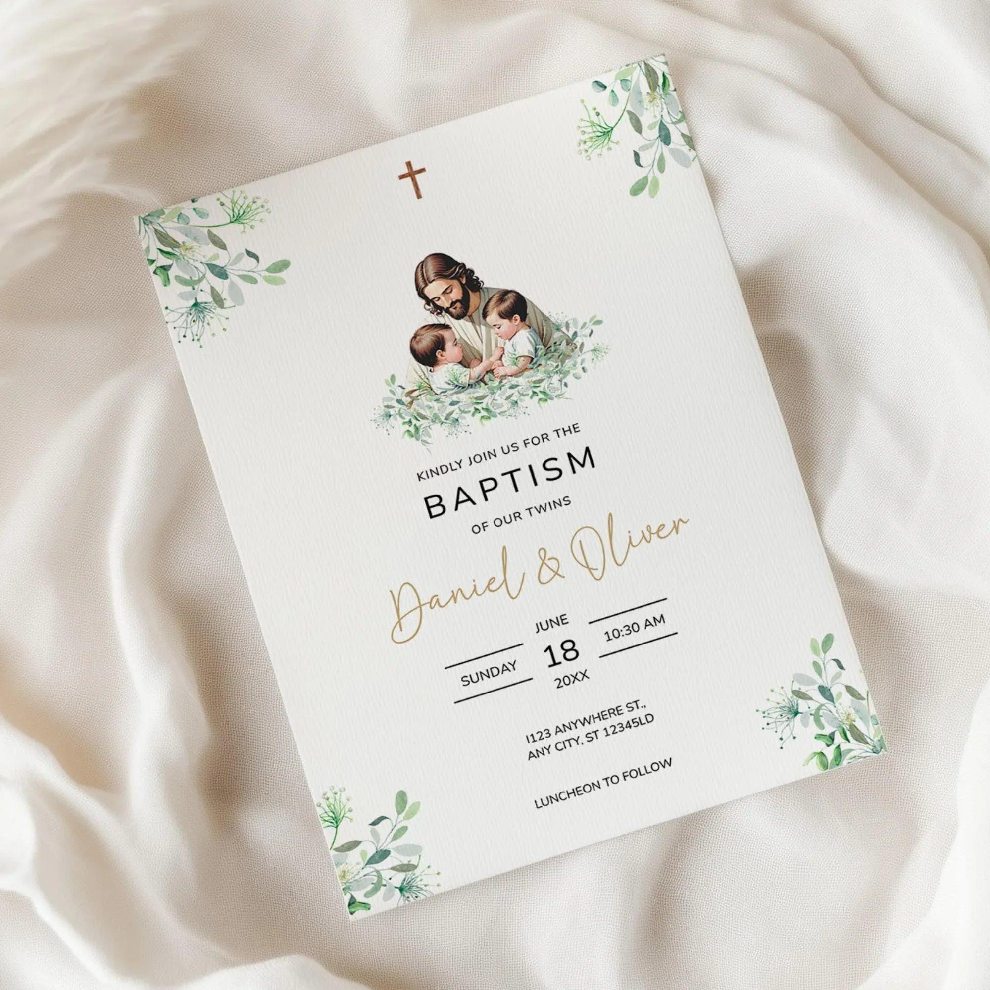 Editable Baptism Invitation • Twins Baby Boys • Corjl Template • Christening Invitation with Jesus and Greenery - Lovely Printable Party