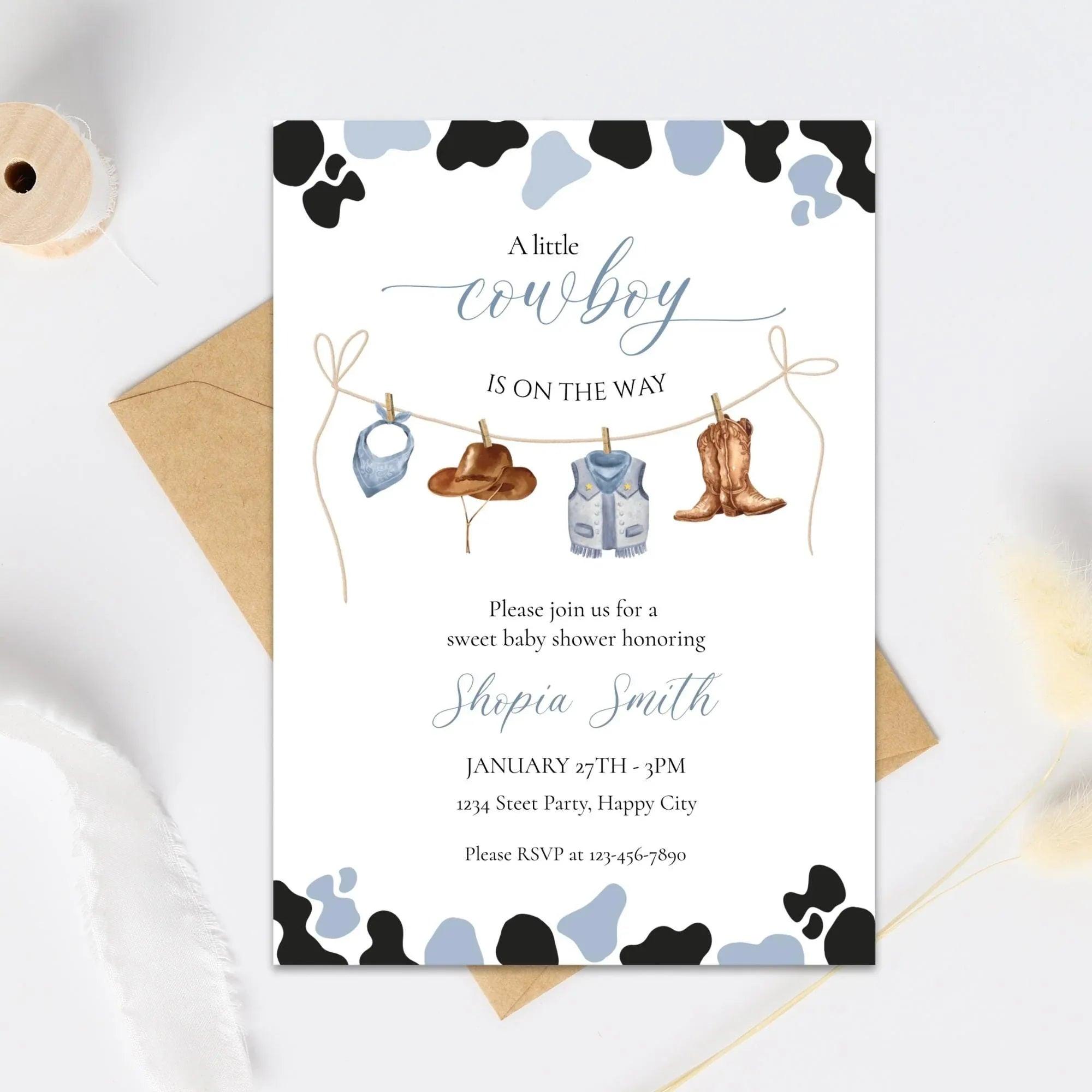 Little Cowboy Baby Shower Invitation – Editable via Corjl | Blue & Brown Western Cow Print | Digital Download - Lovely Printable Party