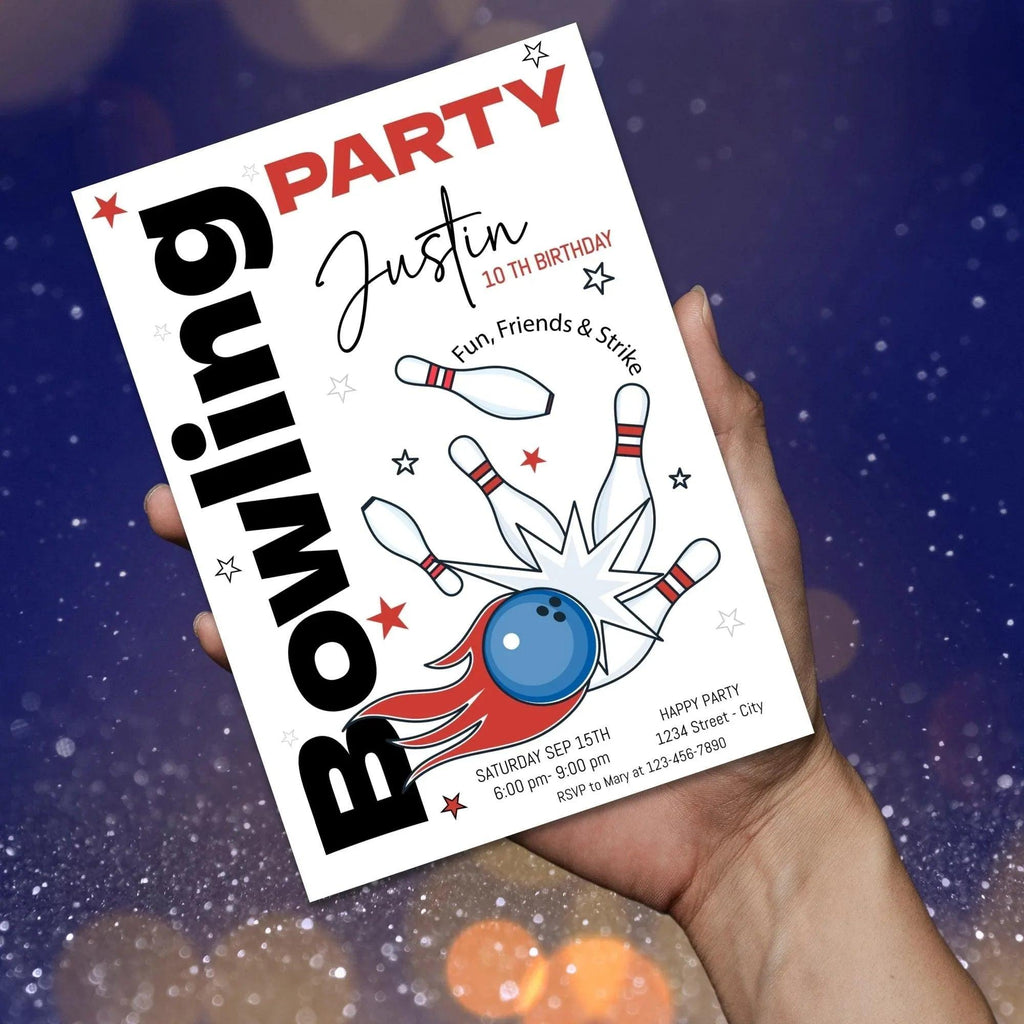 Editable Bowling Birthday Invitation and tag Minimalist - Bowling Birthday Invitation - Bowling Party tag - Customizable template - Lovely Printable Party