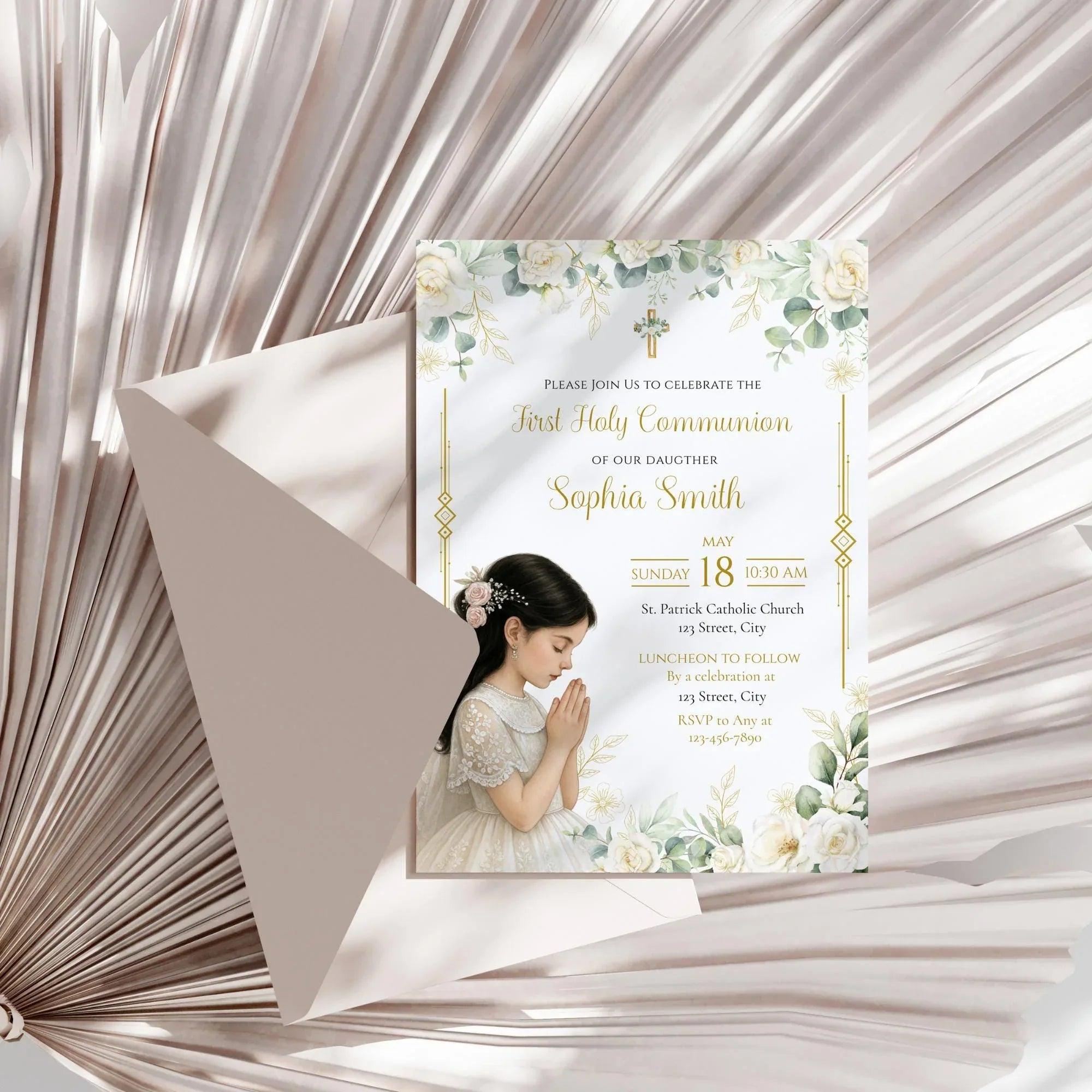 Elegant First Communion Invitation Girl | White Floral Gold Cross Editable Corjl Template | Digital Holy Communion Party Invite - Lovely Printable Party