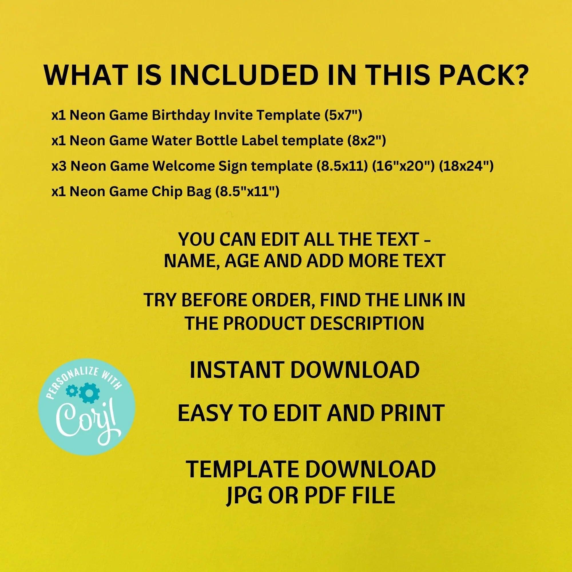 Neon Game party pack, Water bottle Label, Invitation, Welcome Sign, Printable Game Birthday, Digital Editable, Neon Gme Party favor - Lovely Printable Party