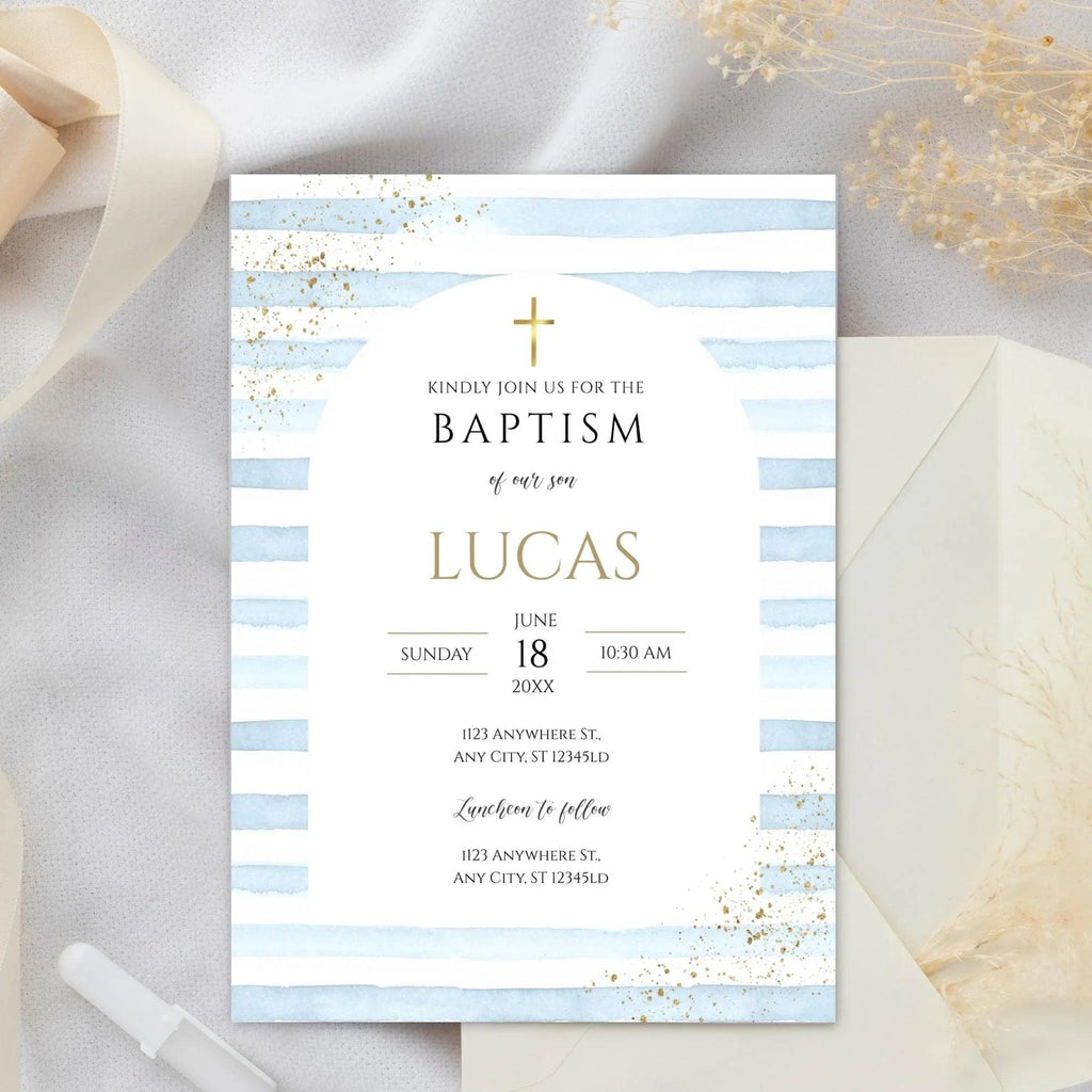 Editable Boy Baptism Invitation | Blue Gold Christening Template | Catholic Baptism Corjl | Instant Download Digital Invite - Lovely Printable Party