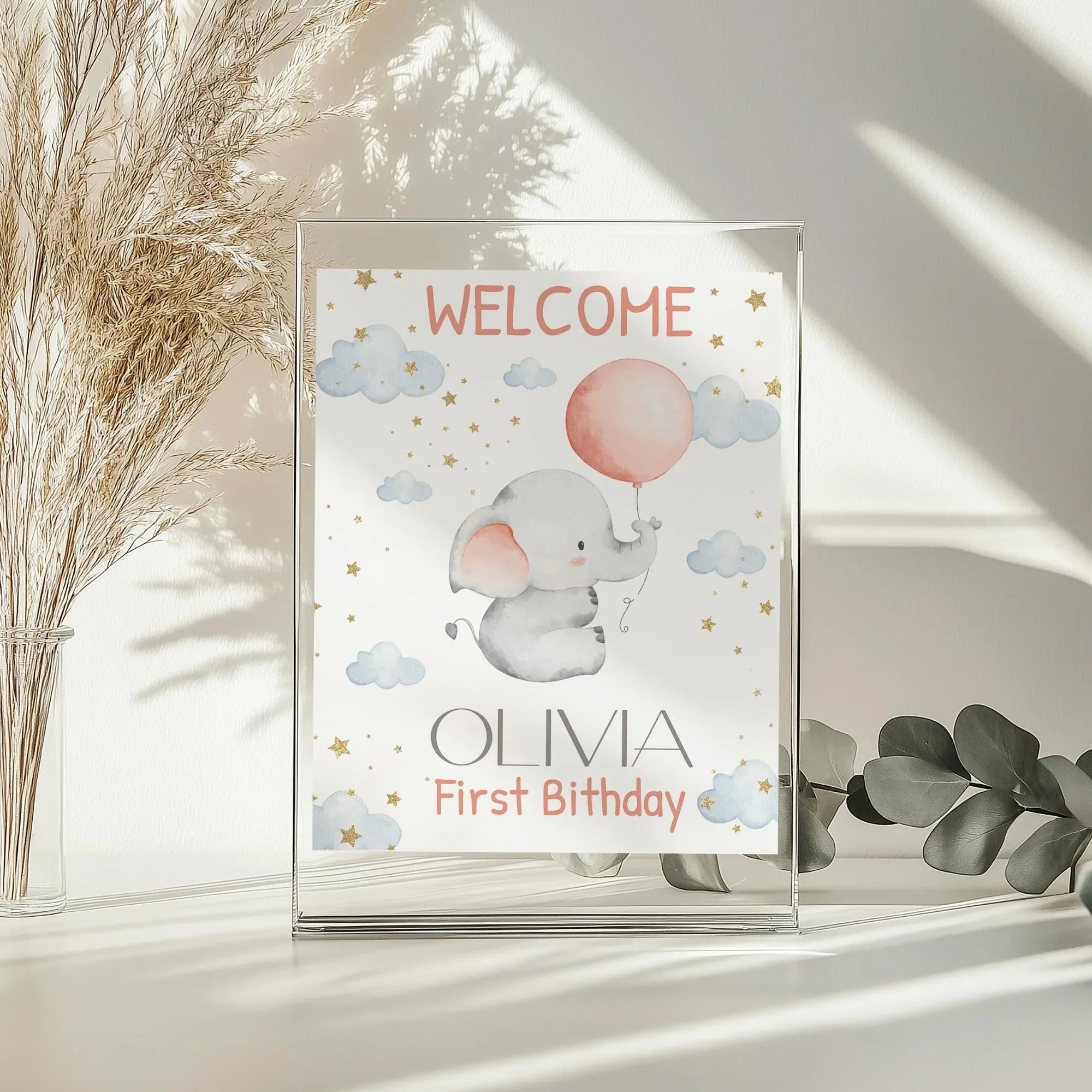 Baby Elephant Birthday Welcome Sign - Editable Corjl Template - Lovely Party