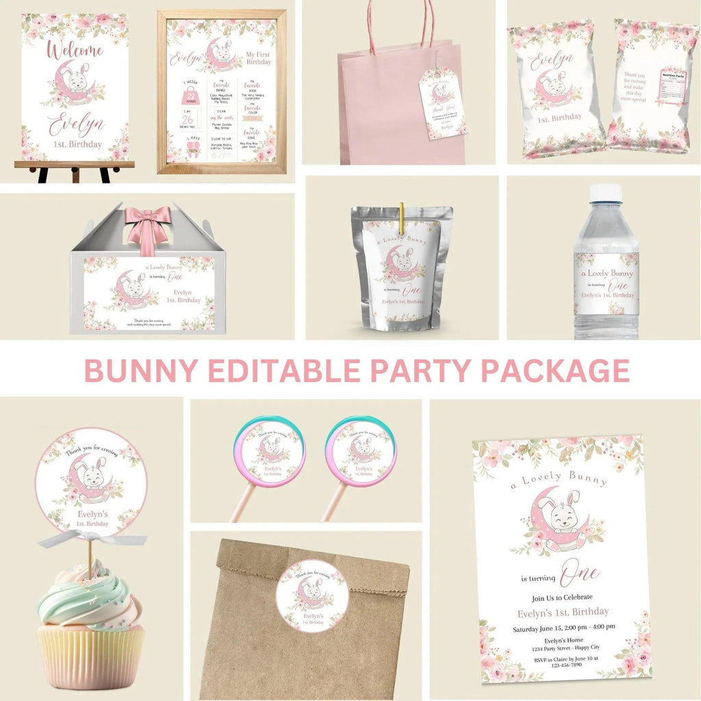 Rabbit party pack, Bundle Bunny, Pink Floral, Invitation, Welcome Sign, Printable Bunny 1st Birthday, Girl Rabbit Party, Digital Editable - Lovely Printable Party