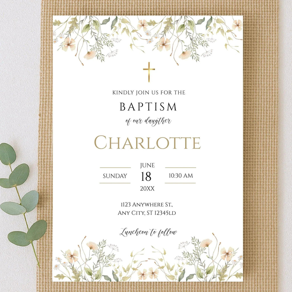 Baptism Invitation Girl | Wildflower Christening Template | Printable Baptism Card | Baby Girl Baptism Invite | Instant Download - Lovely Printable Party