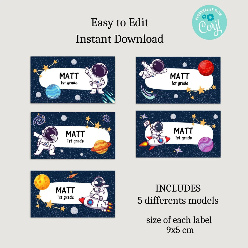 Editable Space Name Labels for Kids | Astronaut School Tags | Back to School Supplies | Personalized Corjl Template | Instant Download - Lovely Printable Party