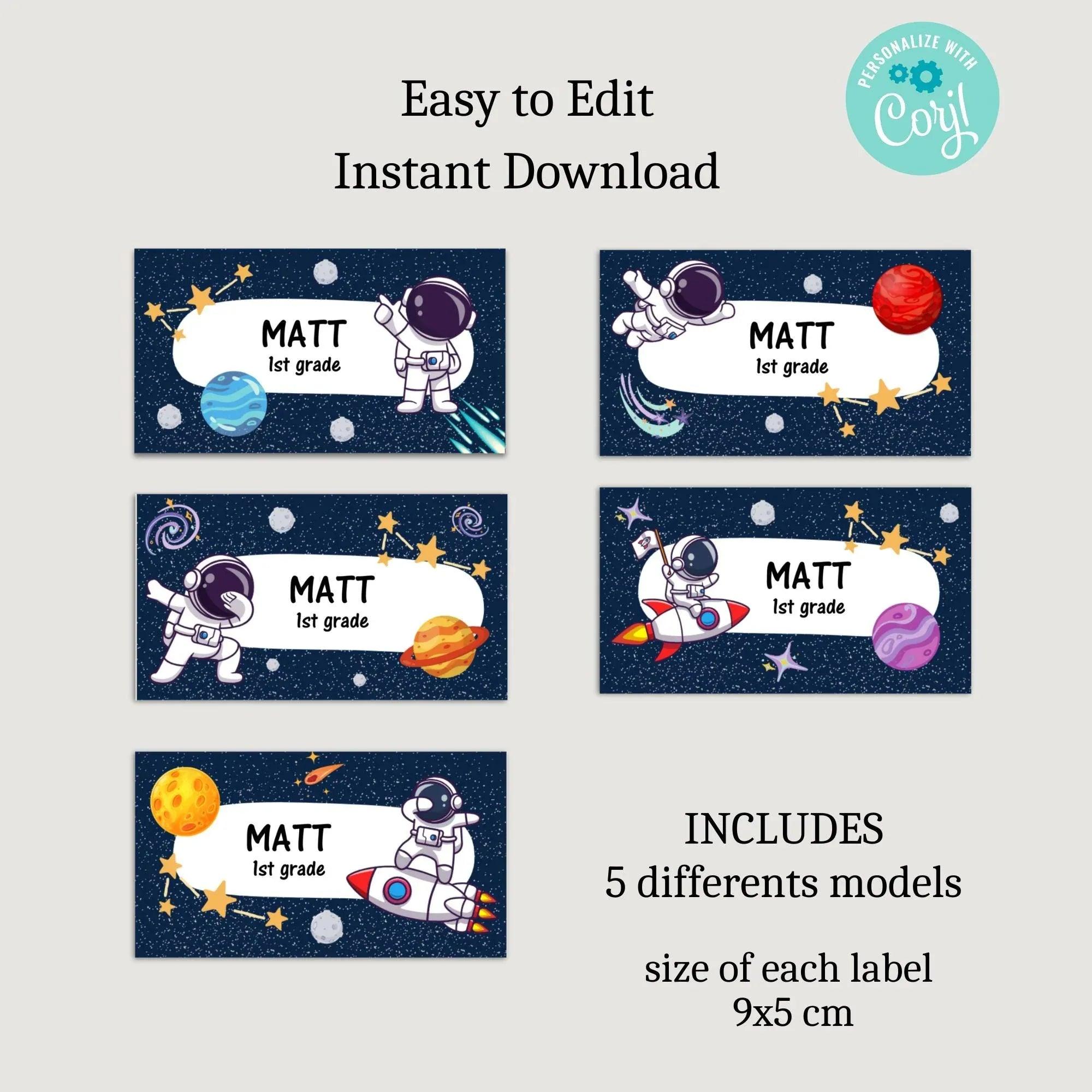 Editable Space Name Labels for Kids | Astronaut School Tags | Back to School Supplies | Personalized Corjl Template | Instant Download - Lovely Printable Party