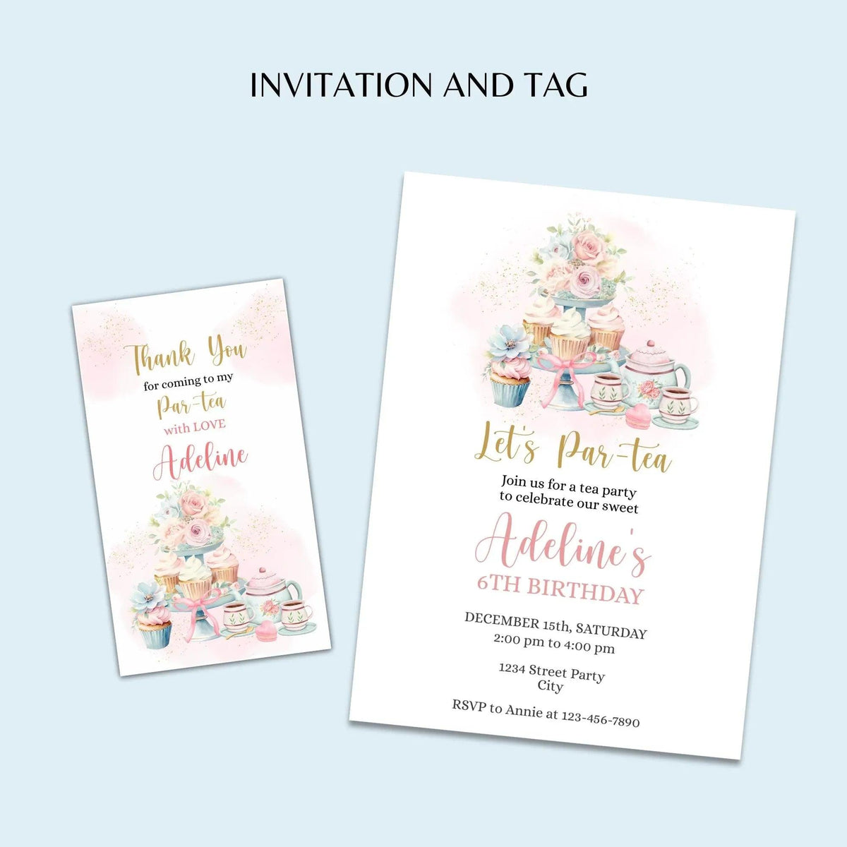 Tea Party invitation and tag, Tea Party Birthday Invitation, Tea Party Favor Tags for Birthday, Baby Shower, or Bridal Shower - Lovely Printable Party