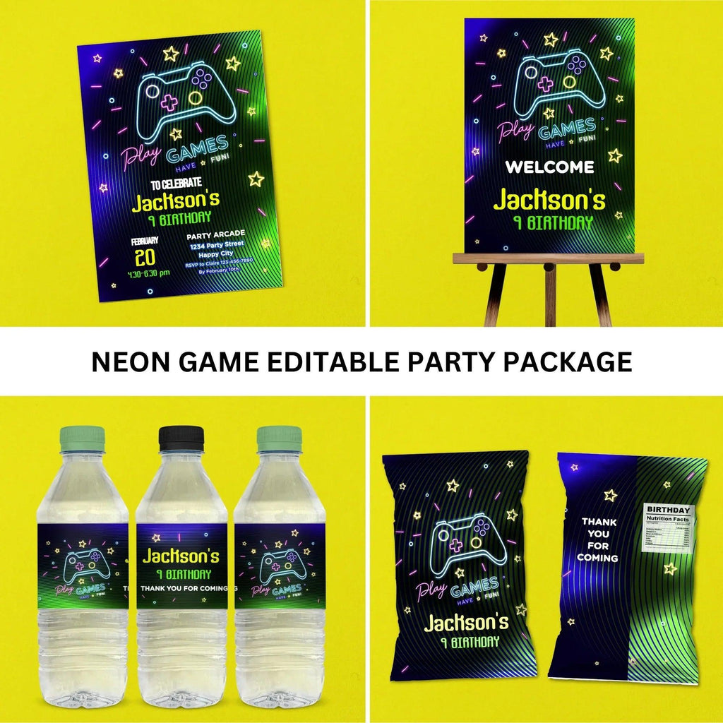 Neon Game party pack, Water bottle Label, Invitation, Welcome Sign, Printable Game Birthday, Digital Editable, Neon Gme Party favor - Lovely Printable Party