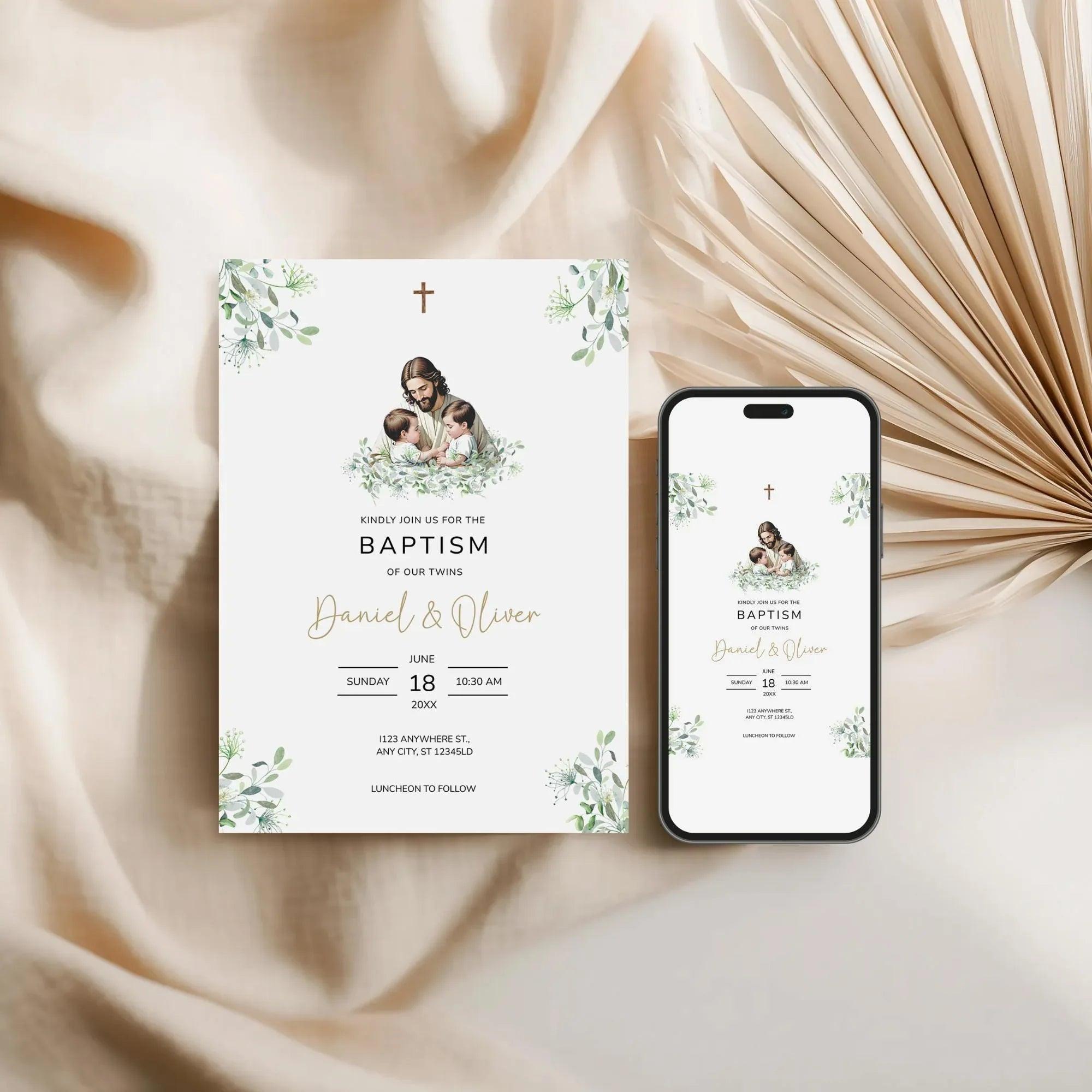 Editable Baptism Invitation • Twins Baby Boys • Corjl Template • Christening Invitation with Jesus and Greenery - Lovely Printable Party