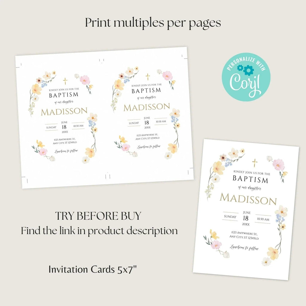 Wildflower Baptism Invitation Template – Digital Download for Baby Girl Christening – Editable Floral Printable with Gold Accents - Lovely Printable Party
