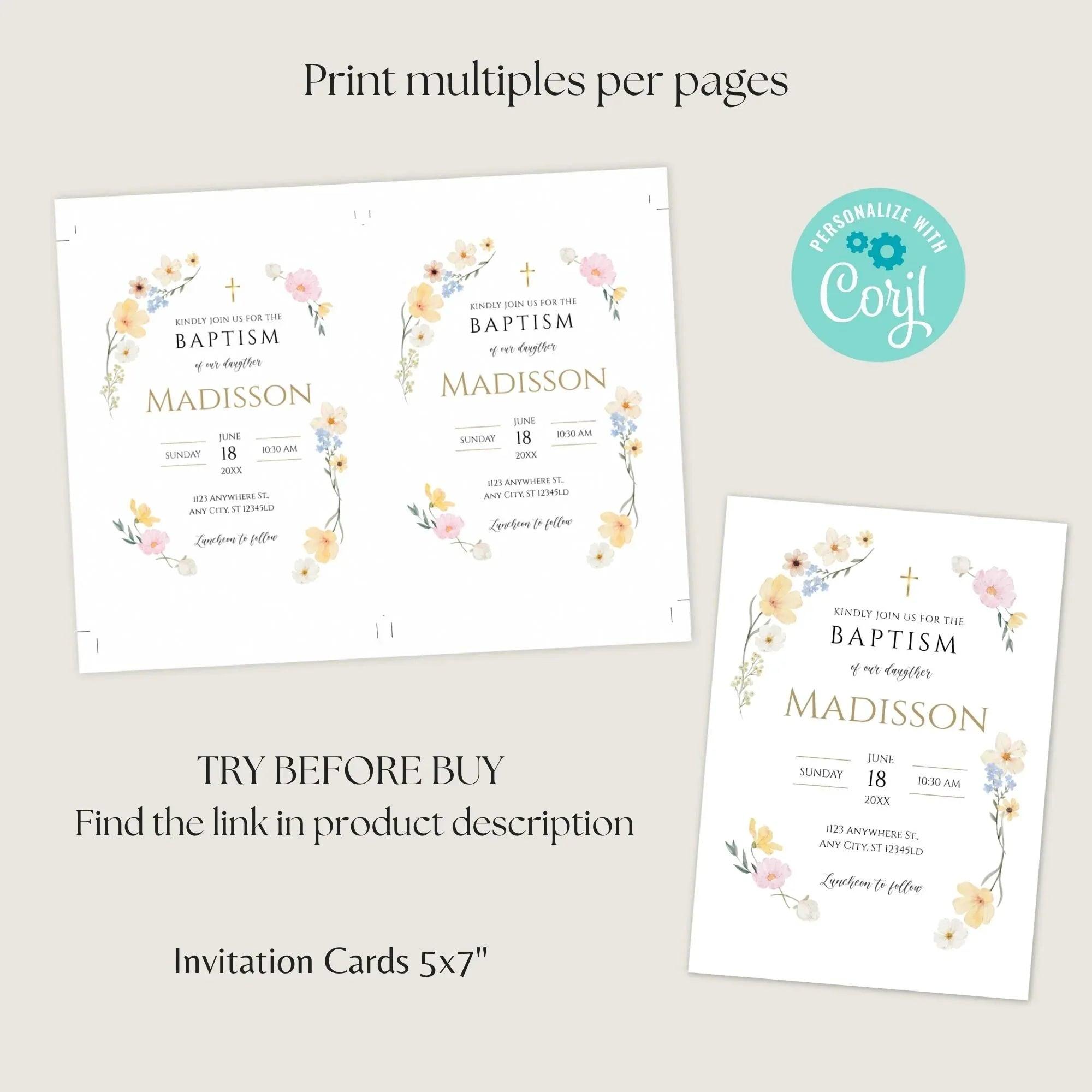 Wildflower Baptism Invitation Template – Digital Download for Baby Girl Christening – Editable Floral Printable with Gold Accents - Lovely Printable Party
