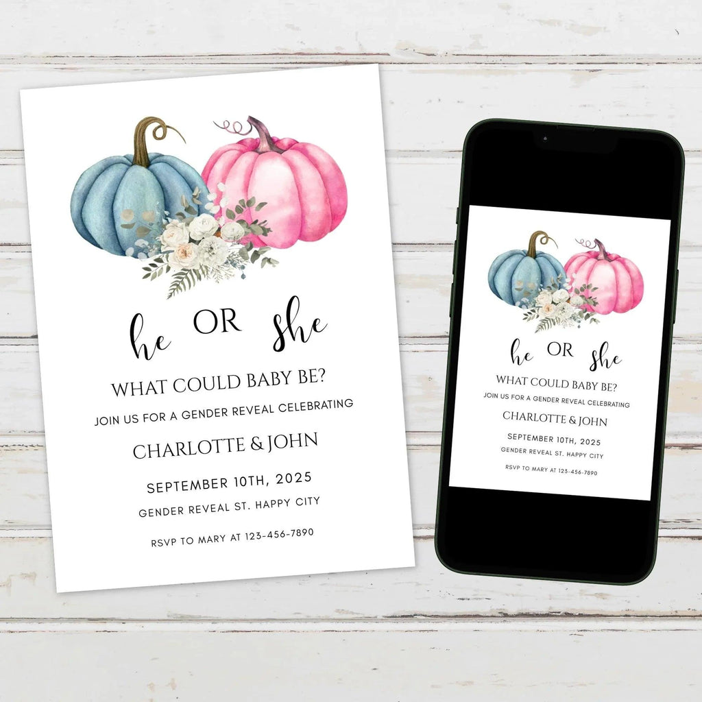 He or She Pumpkin Gender Reveal Invitation – Fall Baby Shower – Editable Template – Corjl Digital Download - Lovely Printable Party