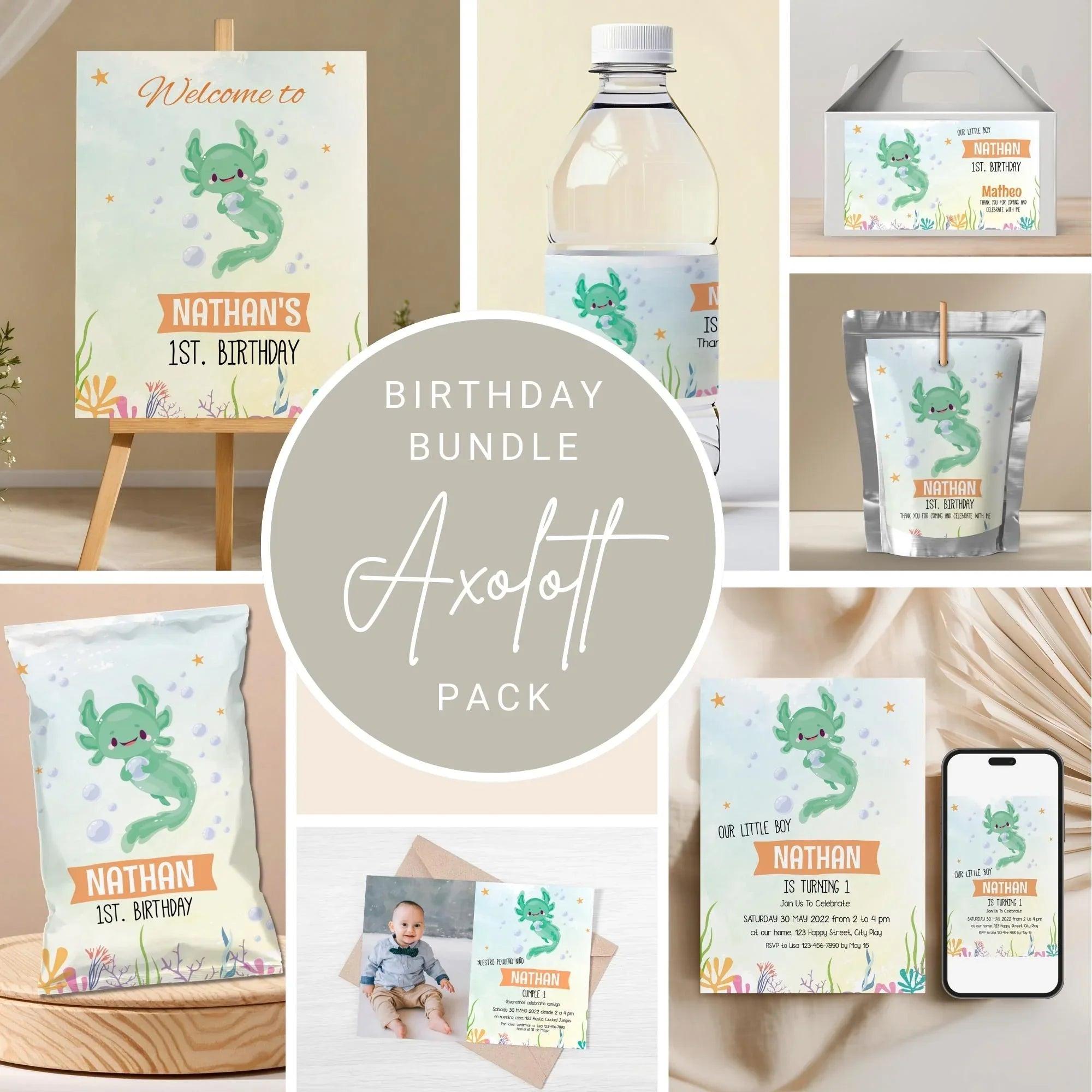 Axolotl Birthday Party Bundle Editable Instant Download - Lovely Printable Party