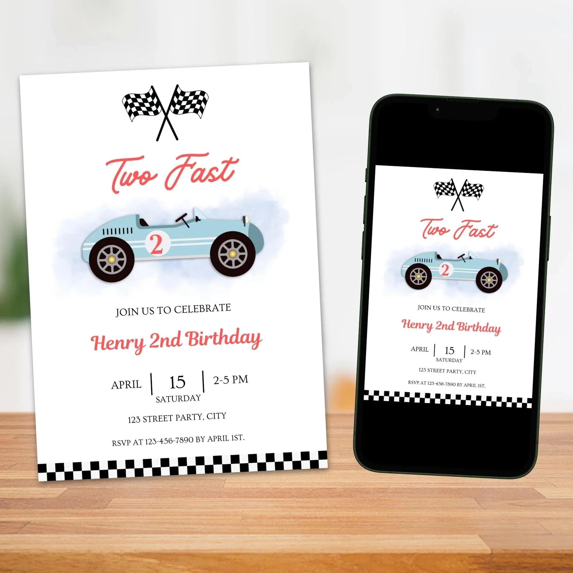 Race Car Party Printable Decorations & Invitation Template Bundle - Two Fast / Fast One Birthday Theme - INSTANT DOWNLOAD - EDITABLE Text - Lovely Printable Party