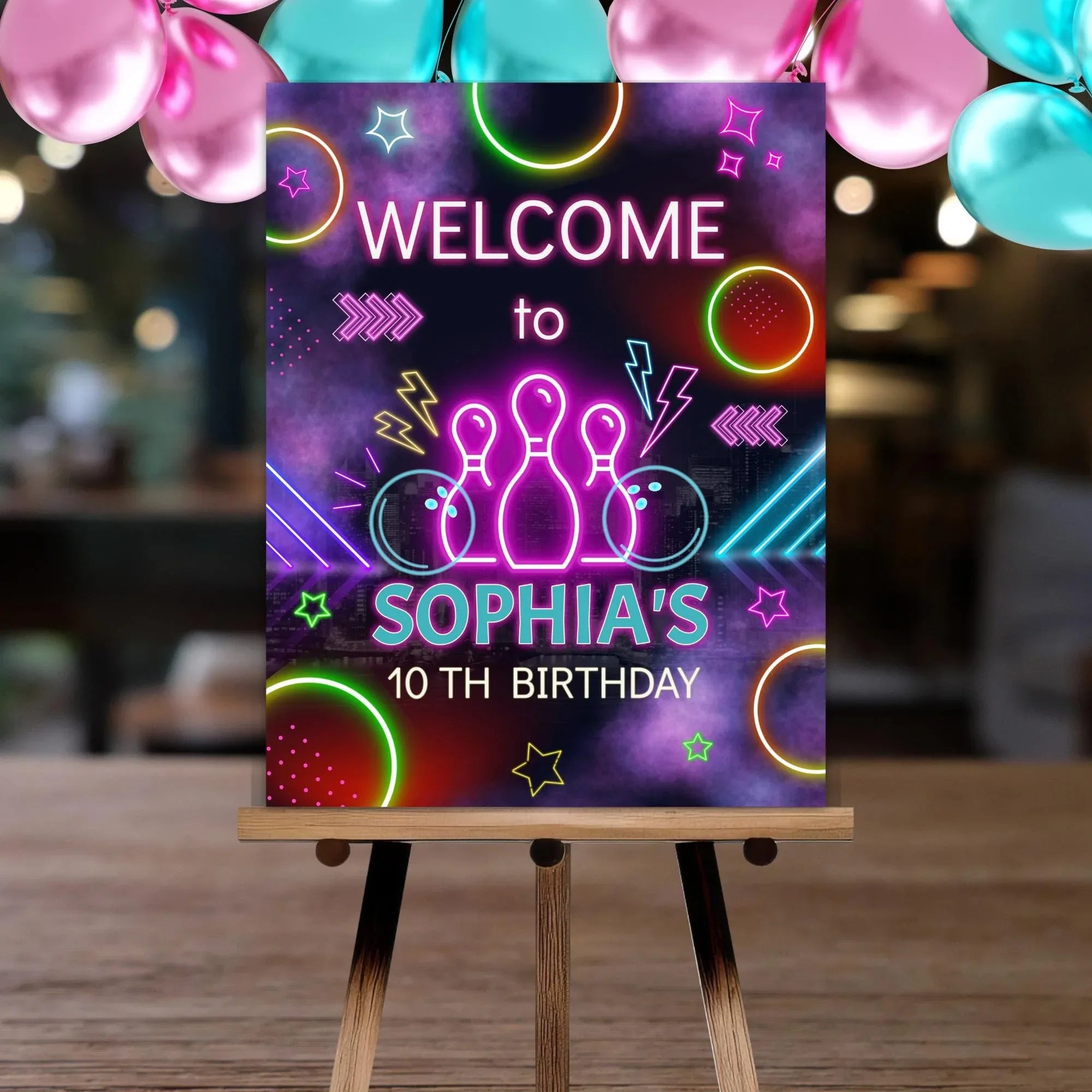 Neon Bowling Birthday Welcome Sign - Editable Corjl Template - Lovely Party