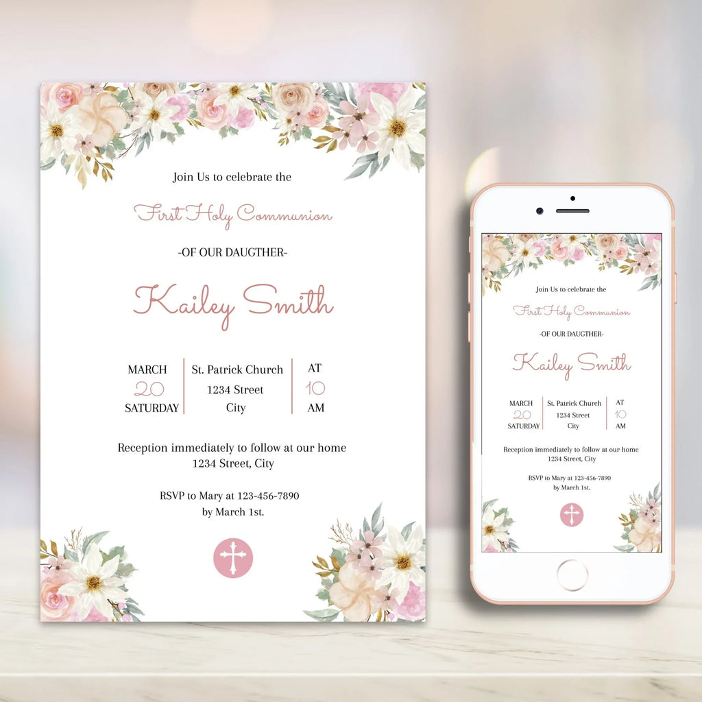 Beatiful flowers Communion Invitation - Lovely Party