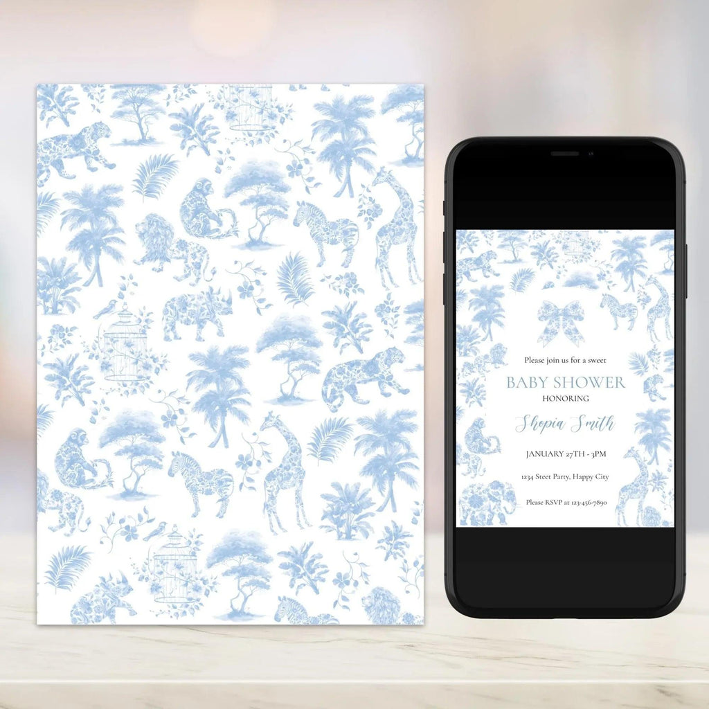 Safari Toile Baby Shower Invitation | Blue Jungle Editable Template | Corjl Digital Download for Boy Baby Shower - Lovely Printable Party