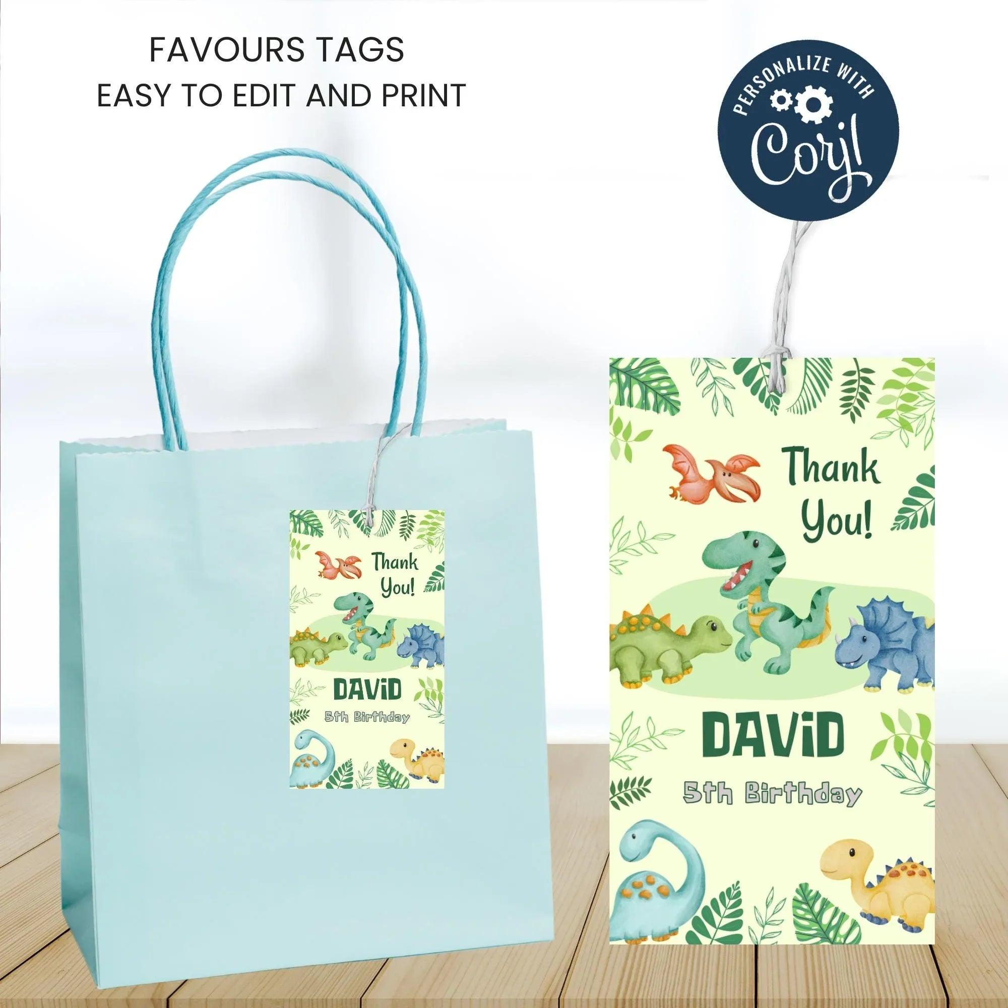 Editable Dinosaur Thank You Tags | Green Jungle Party Favor Tags | Cute Watercolor Dino Theme | Digital Corjl Template for Boys Birthday - Lovely Printable Party