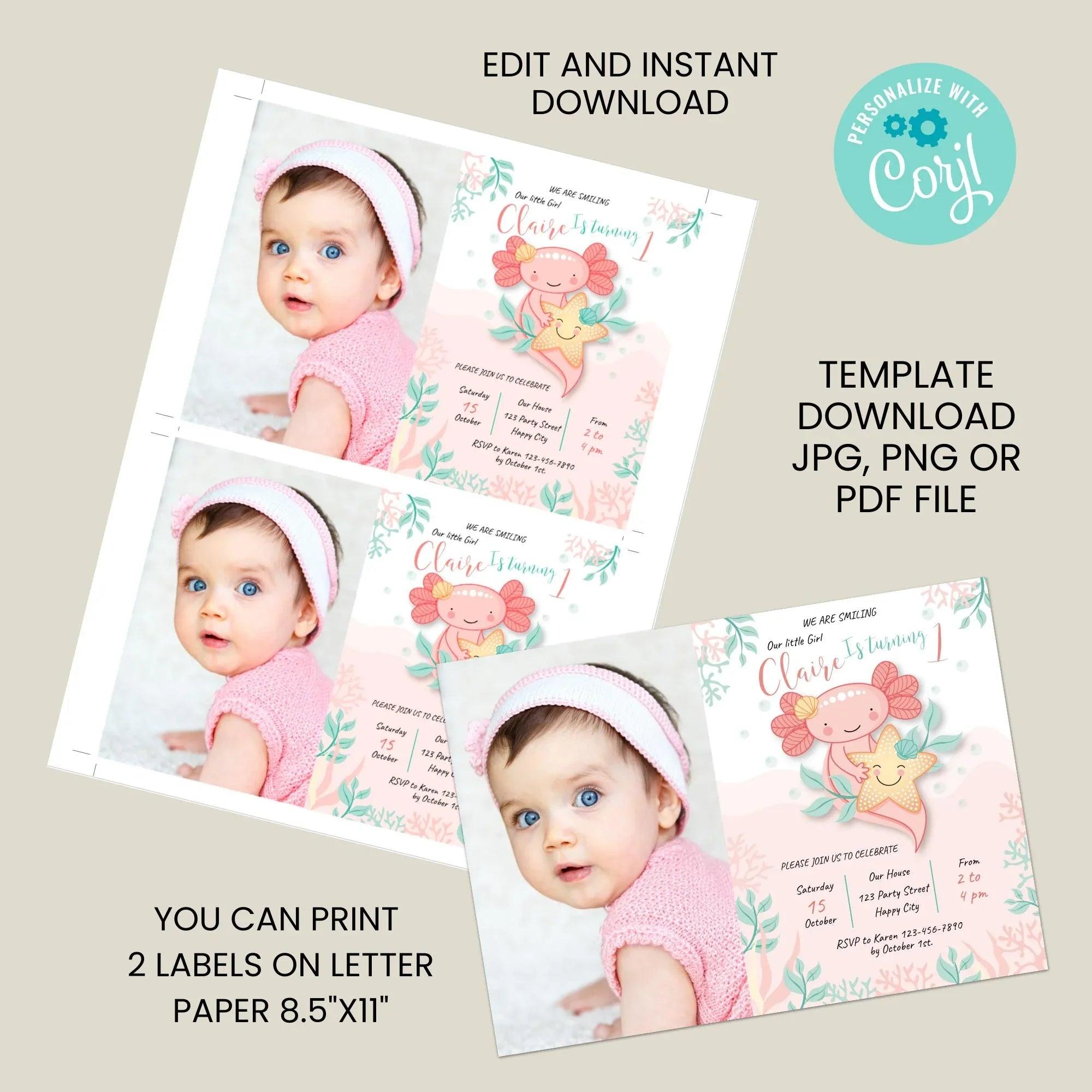 Axolotl Birthday Photo Invitation Instant Download Digital Template - Lovely Printable Party