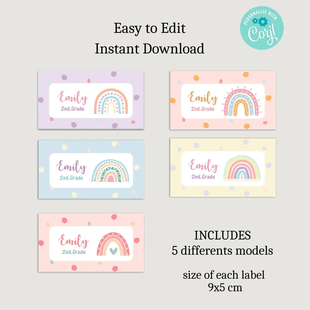 Rainbow Printables Labels, Preschool labels, Personalized kids labels, Kids Name Labels, School supplies stickers, School Name labels - Lovely Printable Party