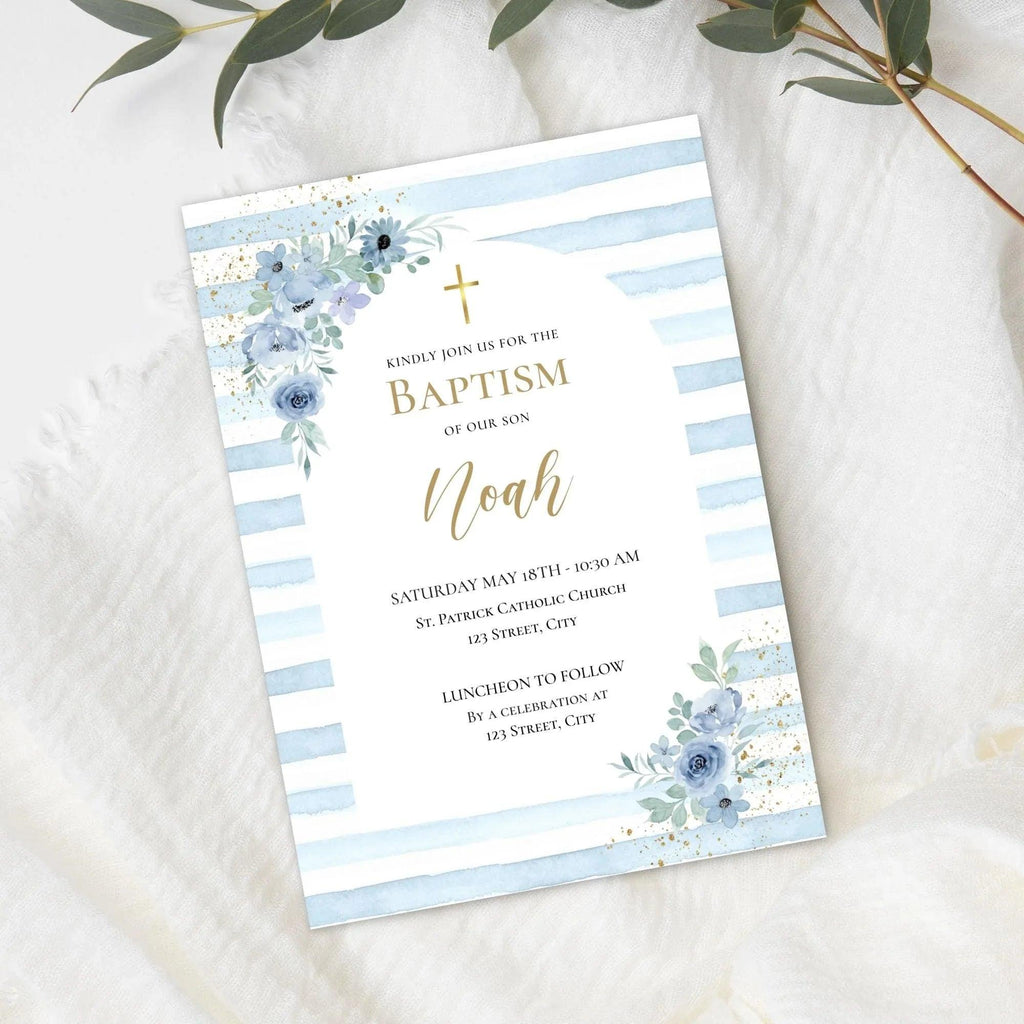 Editable Boy Baptism Invitation – Blue Floral Corjl Template – Printable Christening Invite Digital Download - Lovely Printable Party