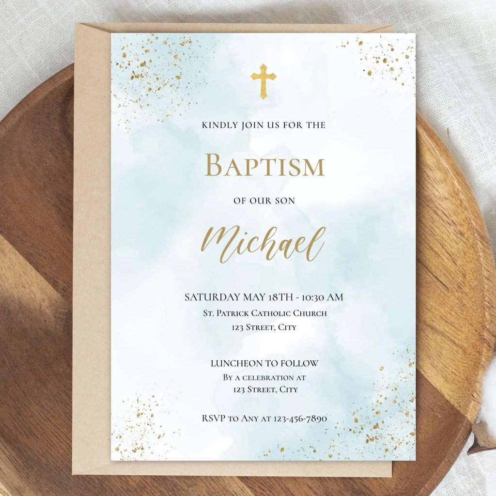 Catholic Baptism Invitation Boy | Editable Christening Invitation Template | Baby Baptism Digital Invite | Printable Baptism Card for Son - Lovely Printable Party