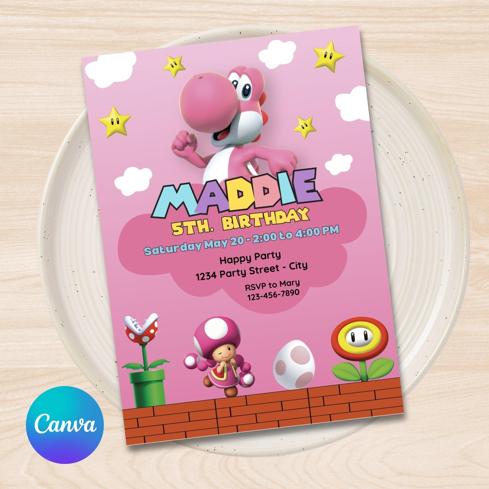 Yoshi Birthday Invitation | Pink Yoshi Girl | Editable Canva Template | Instant Download