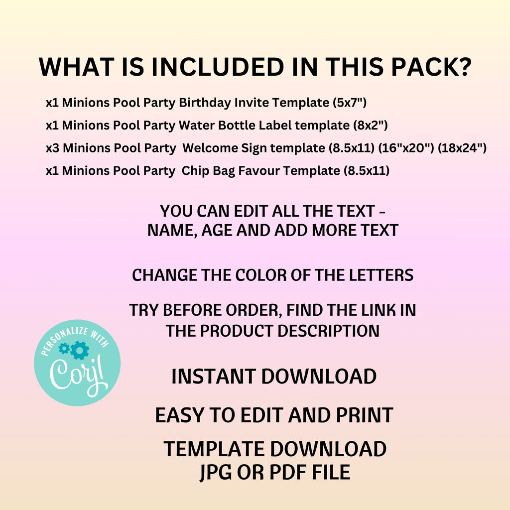 Minions Pool Party Editable Party Pack — Invitation, Welcome Sign, Water Bottle Label & Chip Bag | Splish Splash Birthday
