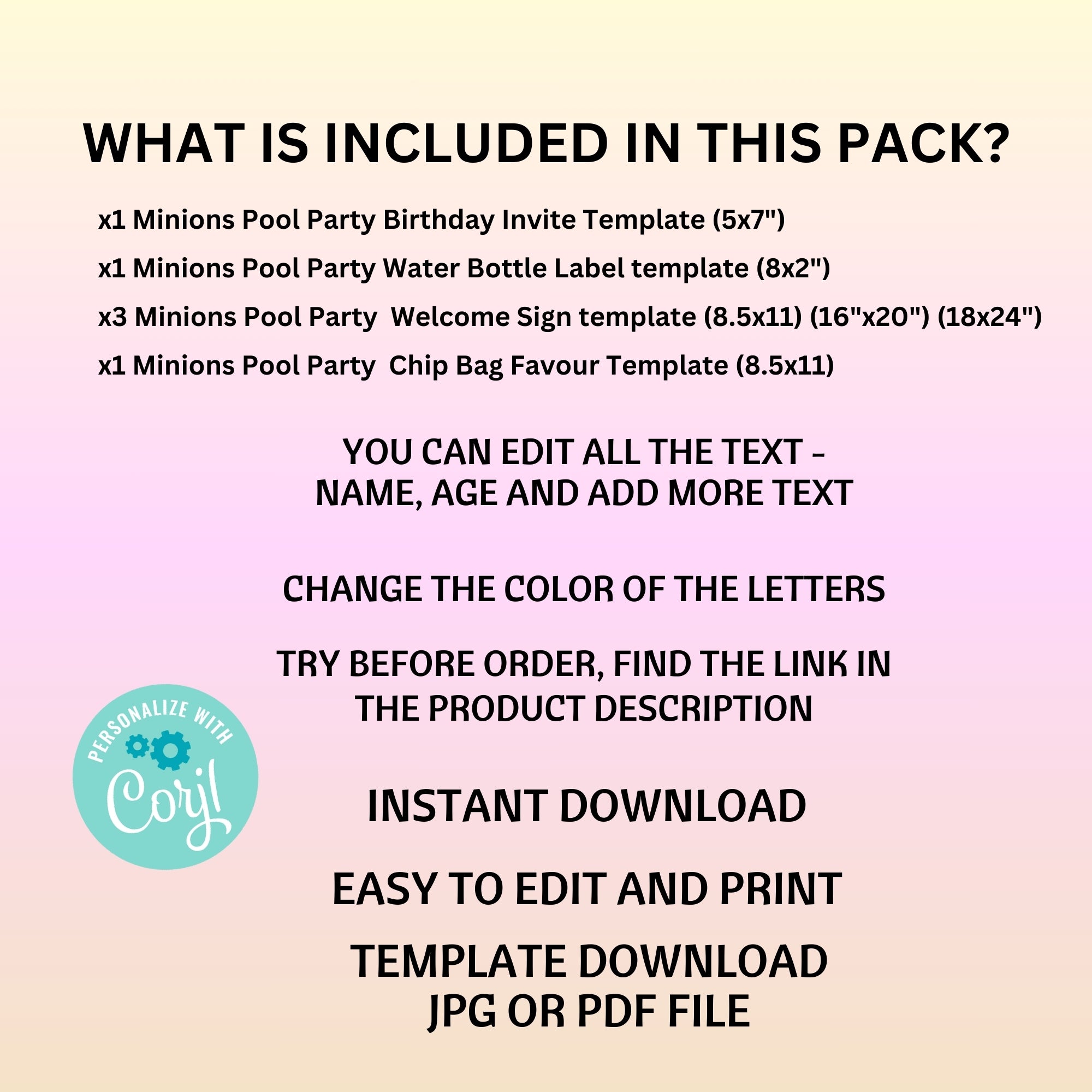 Minions Pool Party Editable Party Pack — Invitation, Welcome Sign, Water Bottle Label & Chip Bag | Splish Splash Birthday