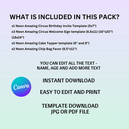 Amazing Digital Circus Birthday Party Pack | Neon | 4 Pieces | Editable Canva Template | Instant Download